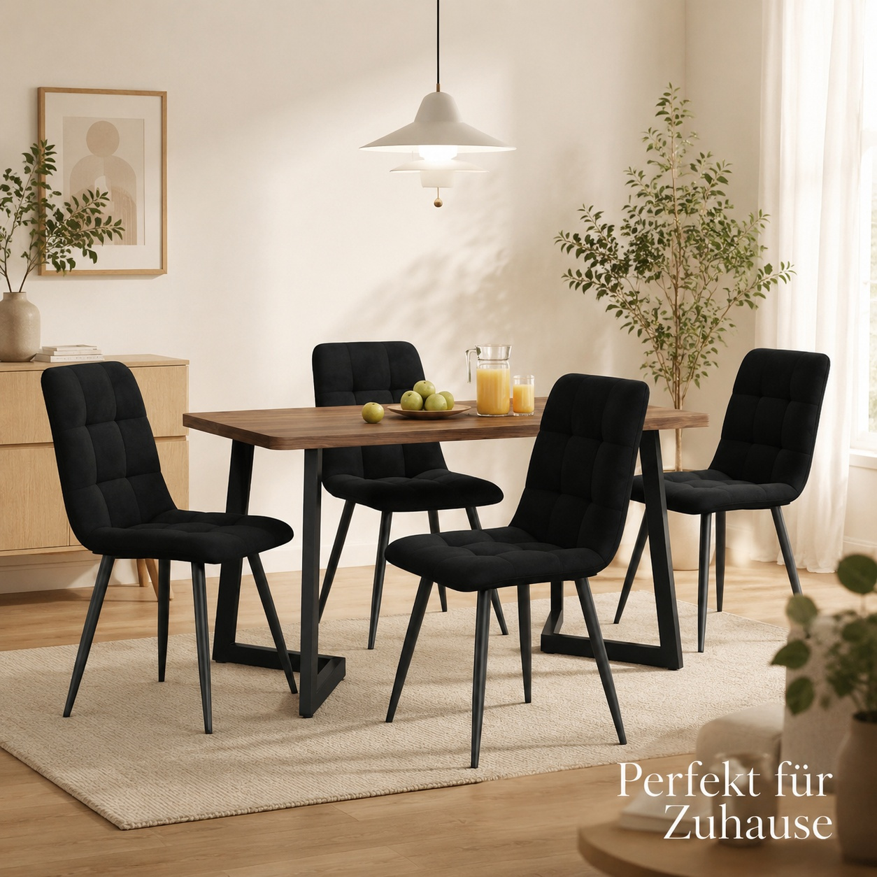 Image of 5pcs Modern Dining Set, Dining Room Set With 1 Walnut-colored Kitchen Table & 4 Black Velvet Chairs, Dining Set For For Small Apartments