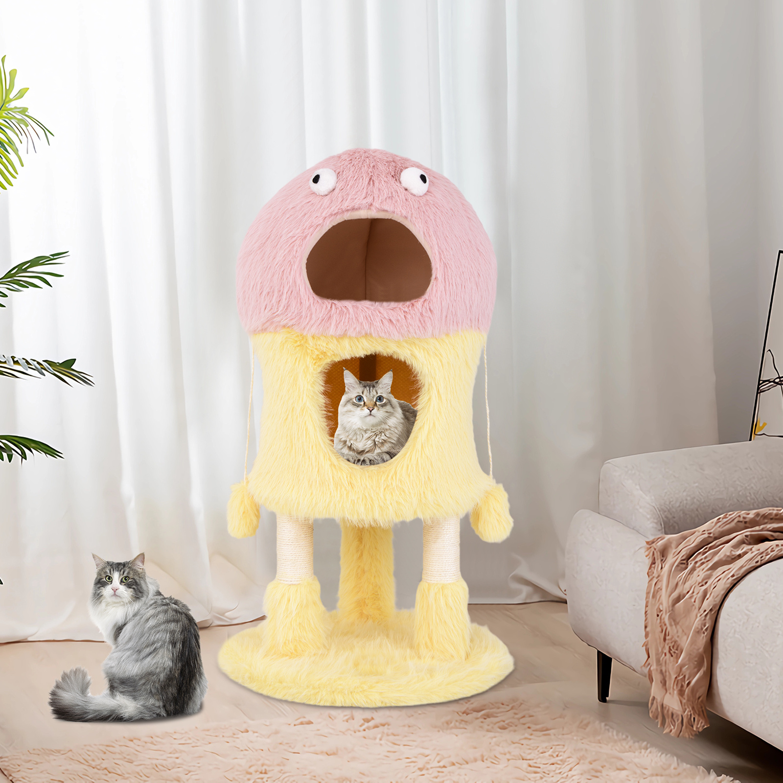 Image of Cat Tree, Cute Monster-themed Cat Tower W/ 2 Private Condos, Soft Long Plush, Sisal Scratching Posts, Hanging Toys, Small Cat Furniture, 2-level Activity Center For Indoor