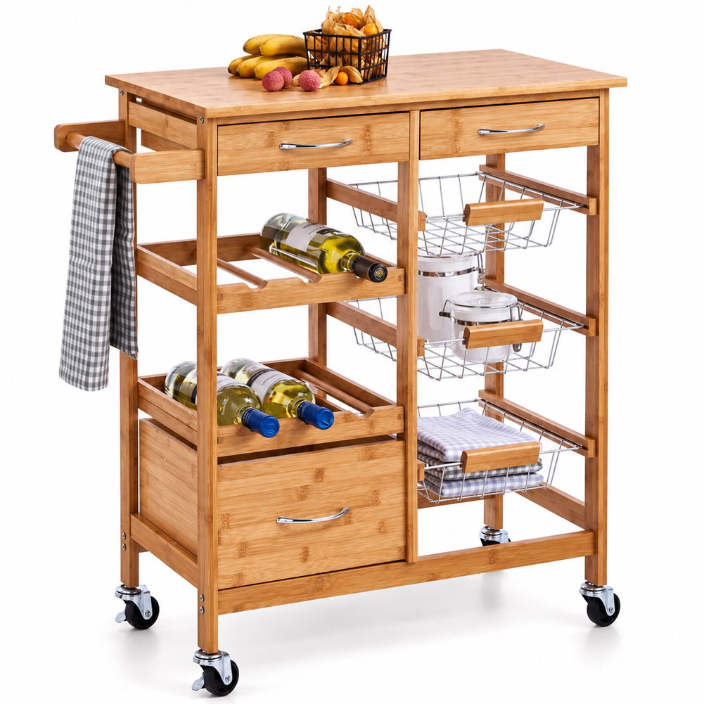 TEMU Bakaji Kitchen Cart In Bamboo Wood With Cutting Board Shelf 2 Drawers Knife Holder Spice Rack Bottle Holder 3 Fruit Baskets Metal And 4 Swivel