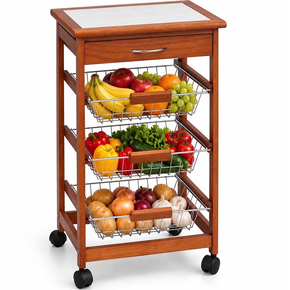 TEMU Bakaji Wooden Kitchen Cart With 3 Steel Baskets, White Ceramic Top Shelf, Serving Side Table, Multipurpose Utility Cart With 4 Swivel Wheels