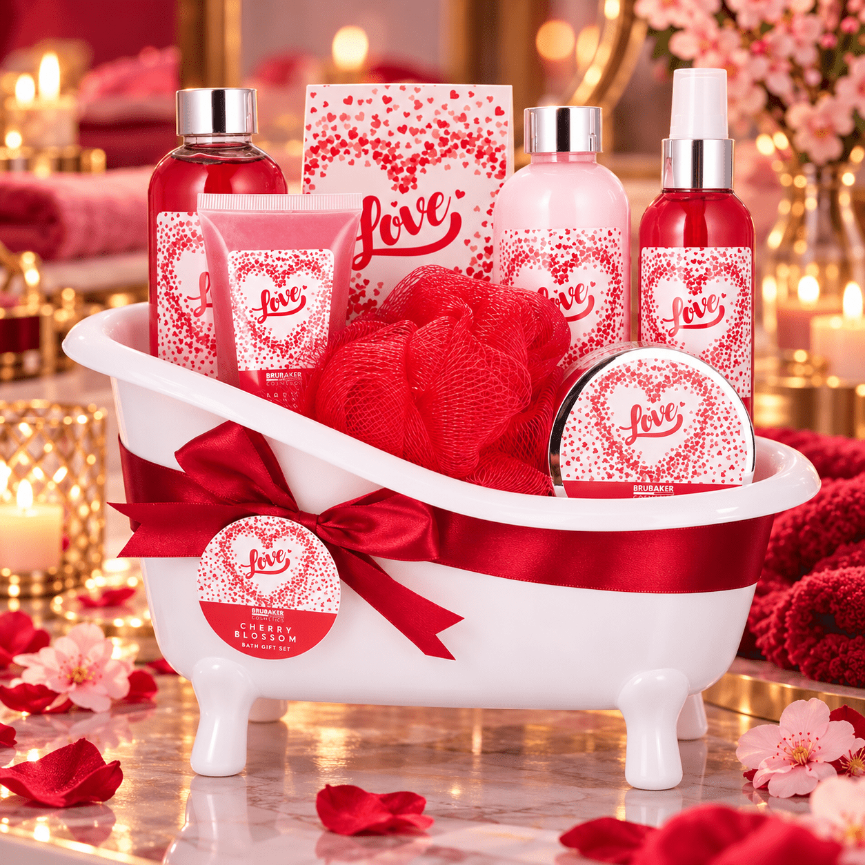 Image of Brubaker Cosmetics Set Love - Shower And Bath Set With Cherry Scent - 8-piece Women's Gift In Decorative Tub - Red White
