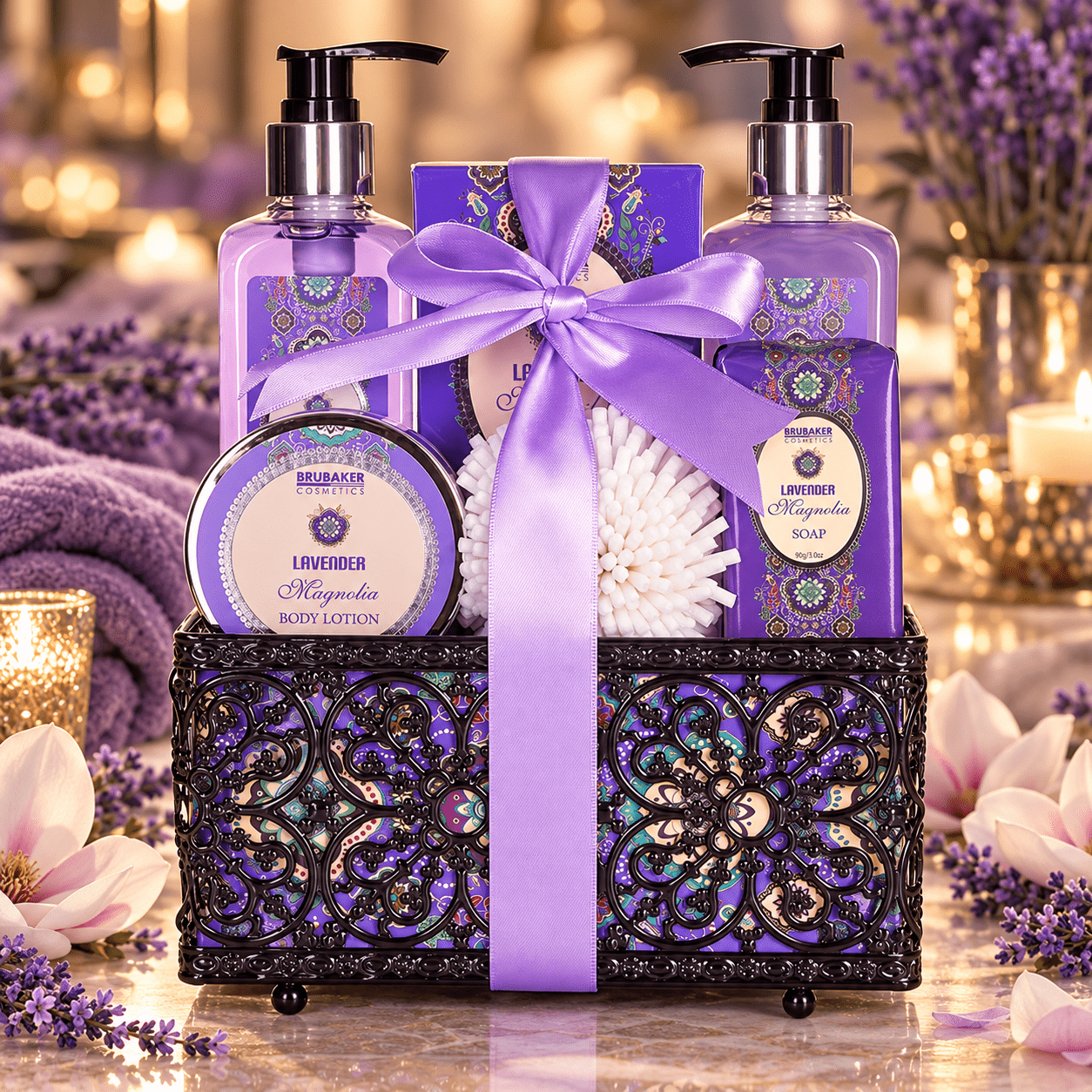 Image of Brubaker Cosmetics Bath And Shower Set Lavender Magnolia Scent - 7-piece Gift Set In Decorative Basket - For Women