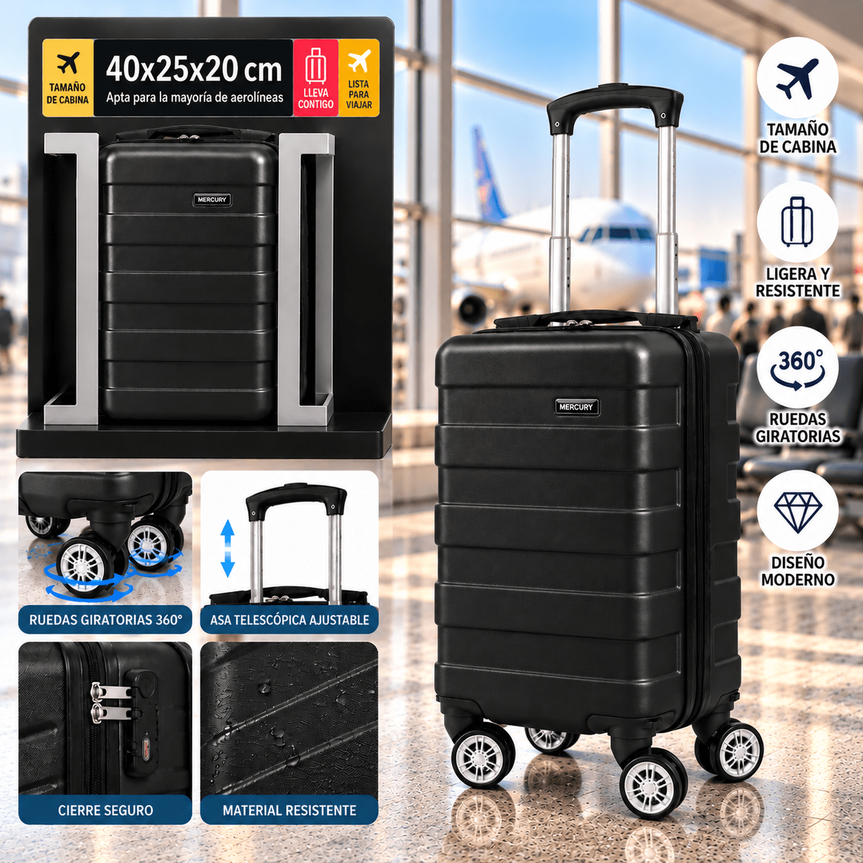 TEMU Maleta de Cabina Pequeña 40x25x20 cm, Equipaje de Rígido de ABS con 4 Ruedas Desmontables Giratorias 360°, Asa Telescópica y Compartimentos