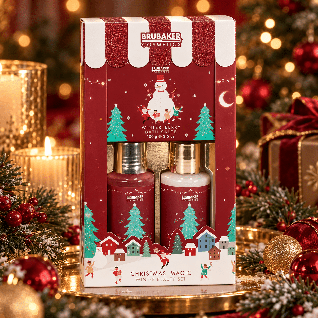 Image of Brubaker Cosmetics Bath And Shower Gift Set Christmas - Christmas Magic - Winter Berries Scent - 3pcs Care Set In Gift Packaging - Christmas Set For Women And Men
