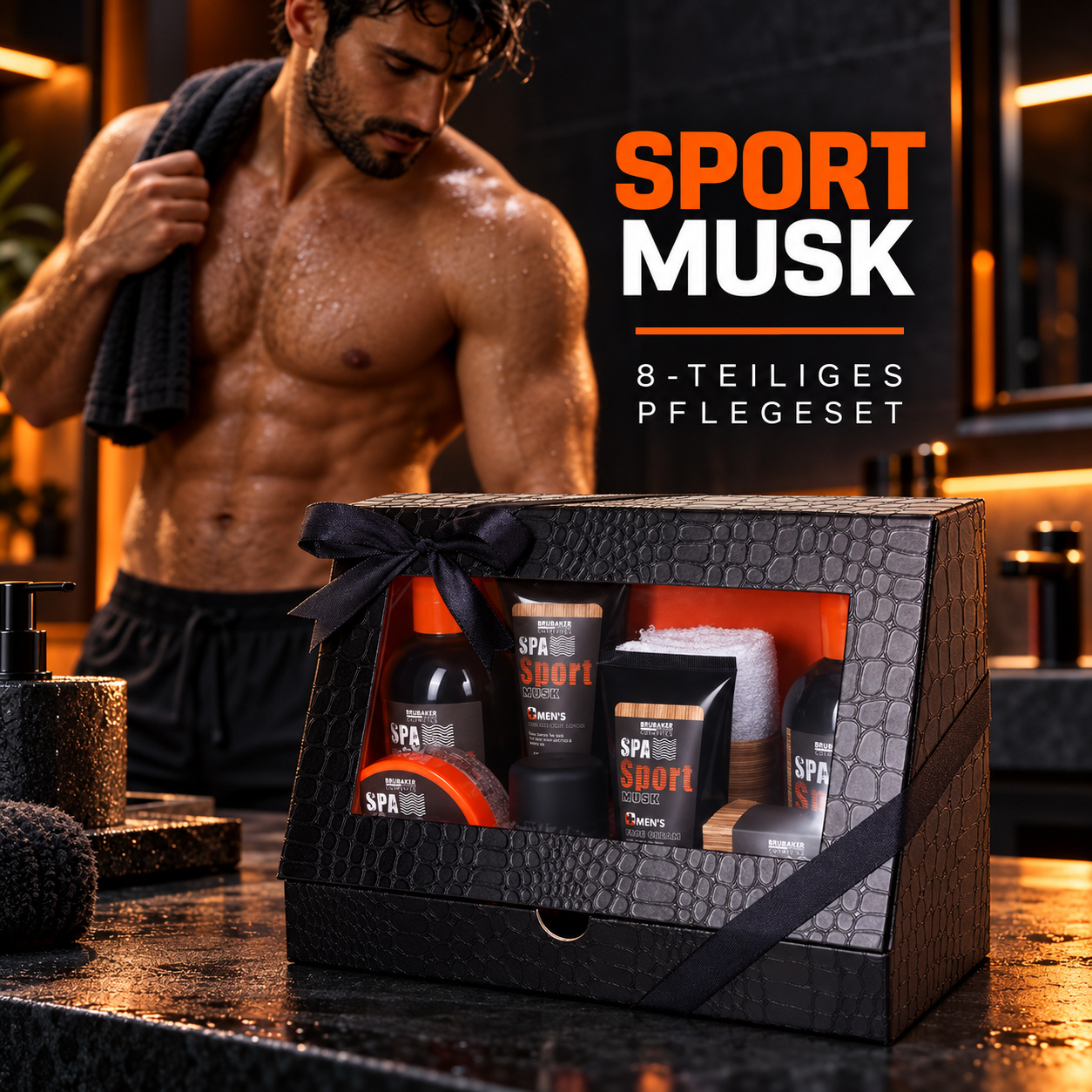 Image of Brubaker Cosmetics Men' Set - Muscle - 8-piece Gift Set With Shower Gel, Shampoo, Deodorant, Face Cream, Scrub, Body Lotion, Soap, And Washcloth - Care Gift Set