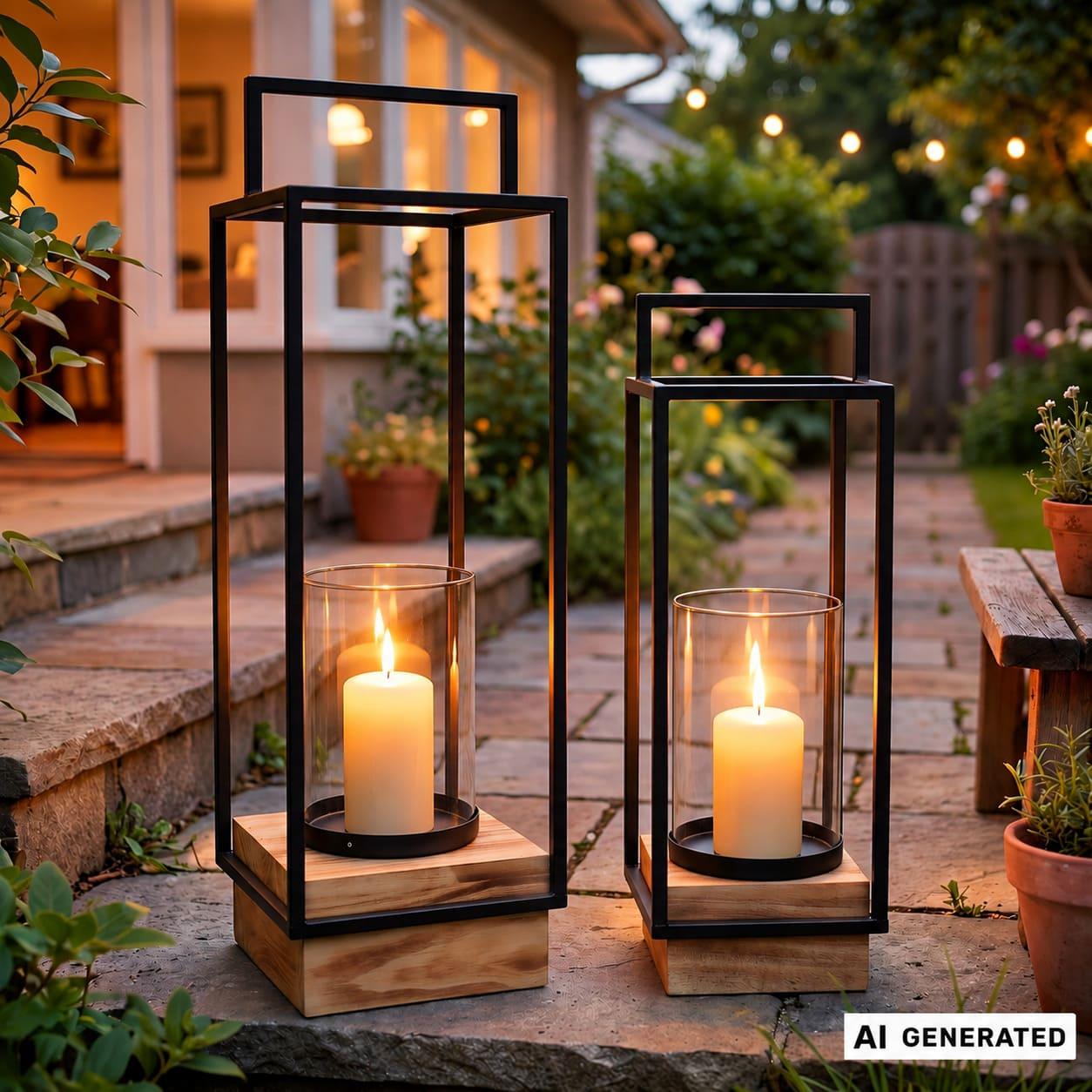 Image of 2x Lantern "modern Industrial" Made Of With Wooden Base, 35 + High