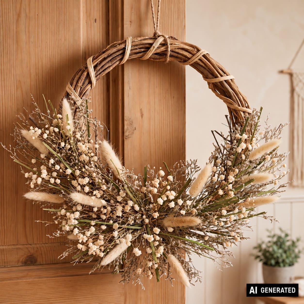Image of Large "dried Flowers" Wreath Made Of Rattan, Flowers & Grasses, Ø 40 Cm, Rattan Wreath, Wall Wreath, Door Wreath