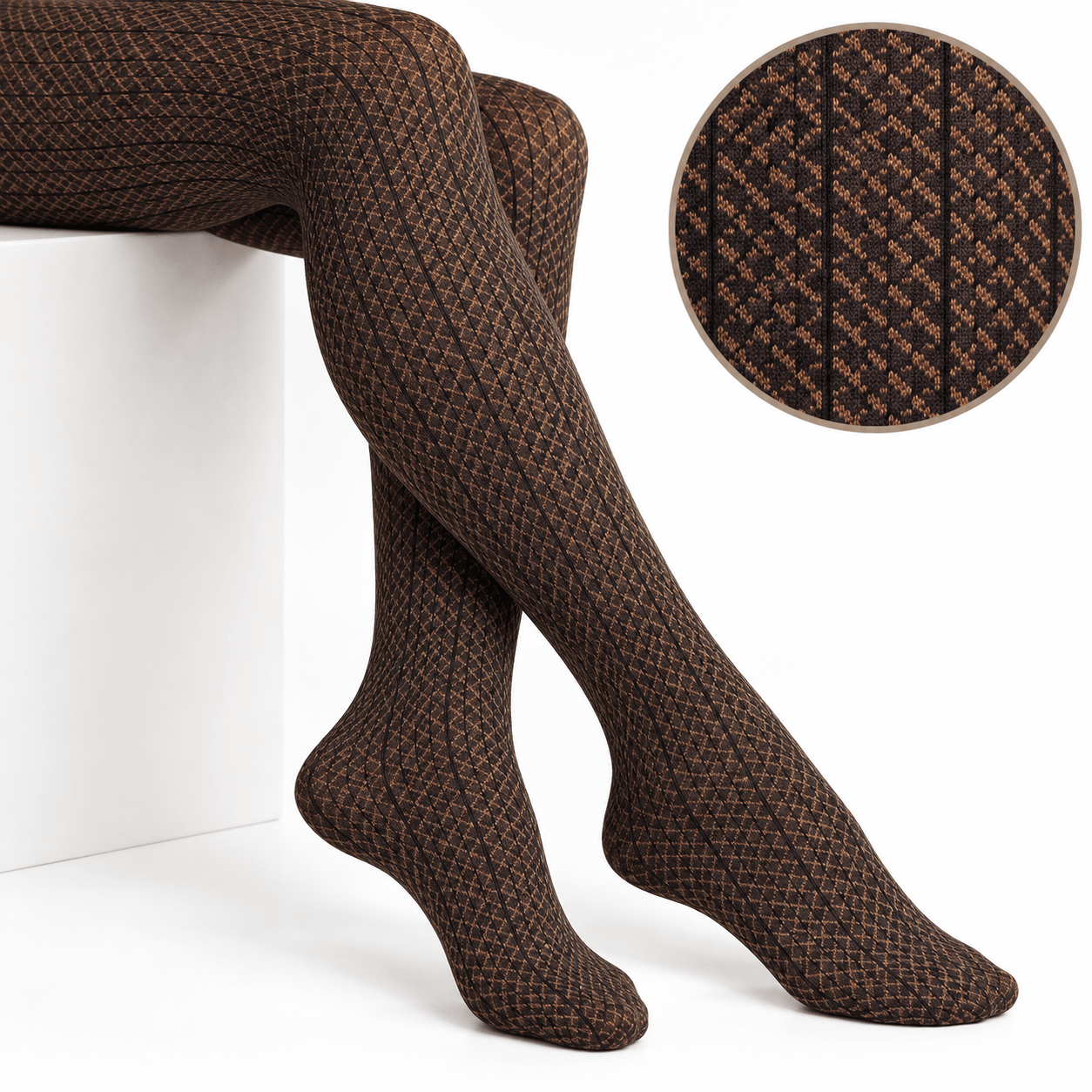 Image of Women's Bronze Tights With A Rhombus Pattern, Elegant Mesh, Geometric Pattern, Patterned Tights, Delicate And Elastic, Fashionable Tights For Dresses And Skirts, Stylish Bronze Color, 60 Den.