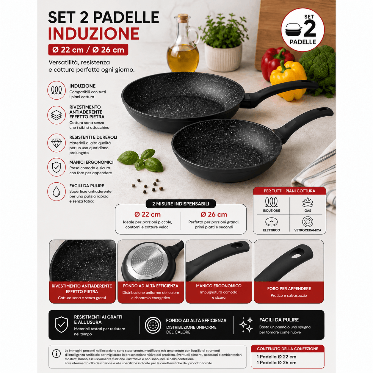 TEMU Set 2 Padelle Antiaderenti Pietra �22 + �26 cm �� Cottura Uniforme, Manici Ergonomici, per Induzione, Gas, Elettrico e Vetroceramica