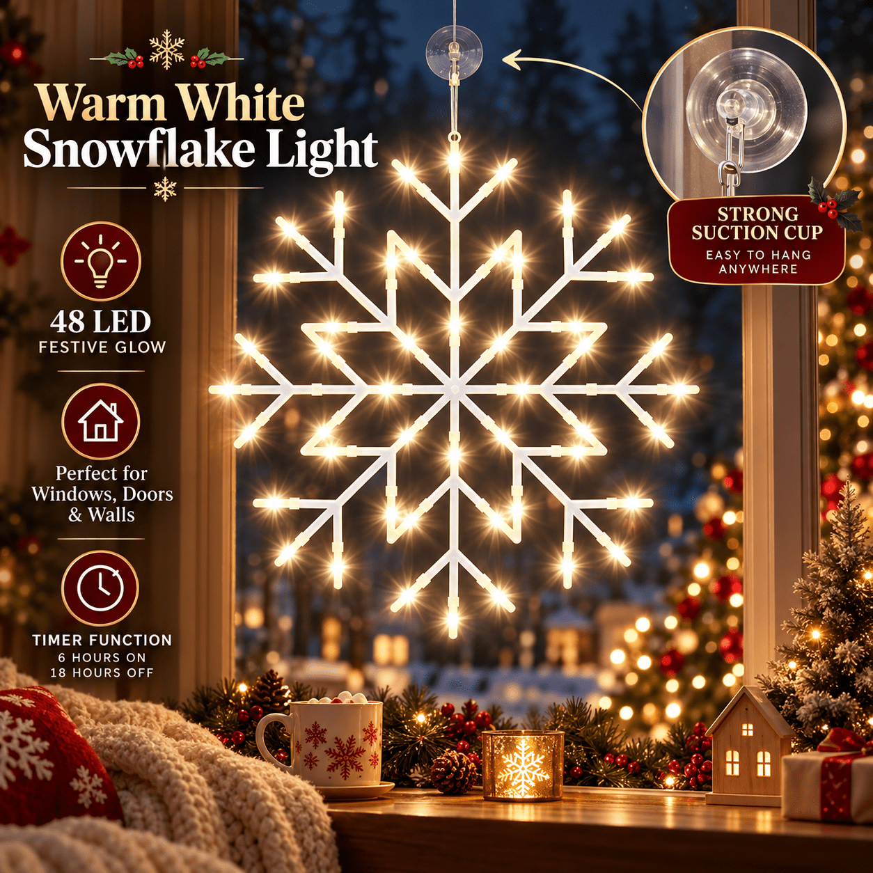 TEMU Adeptna 48 Led Christmas Snowflake 35cm – Battery Operated Hanging Xmas Decoration With 6 Hour Timer, Suction Cup, Festive Indoor For Home,