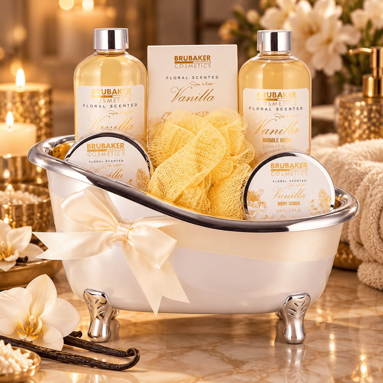 Image of Brubaker Cosmetics Bath And Shower Set Vanilla - 7-piece Gift Set In Decorative Tub - Wellness Set In Silver Bathtub