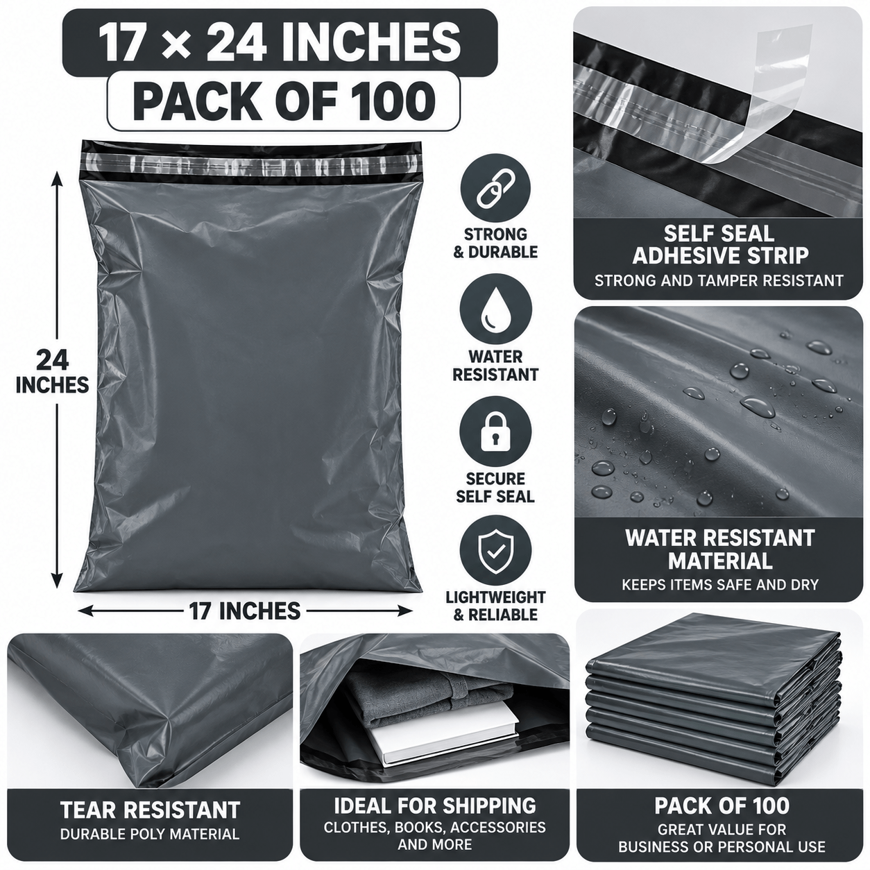 TEMU Grey Mailing Bags 17 X 24 Inches, Pack Of 100, Large Self Seal Plastic Postal Bags For Clothing, Parcels, Packaging And Shipping