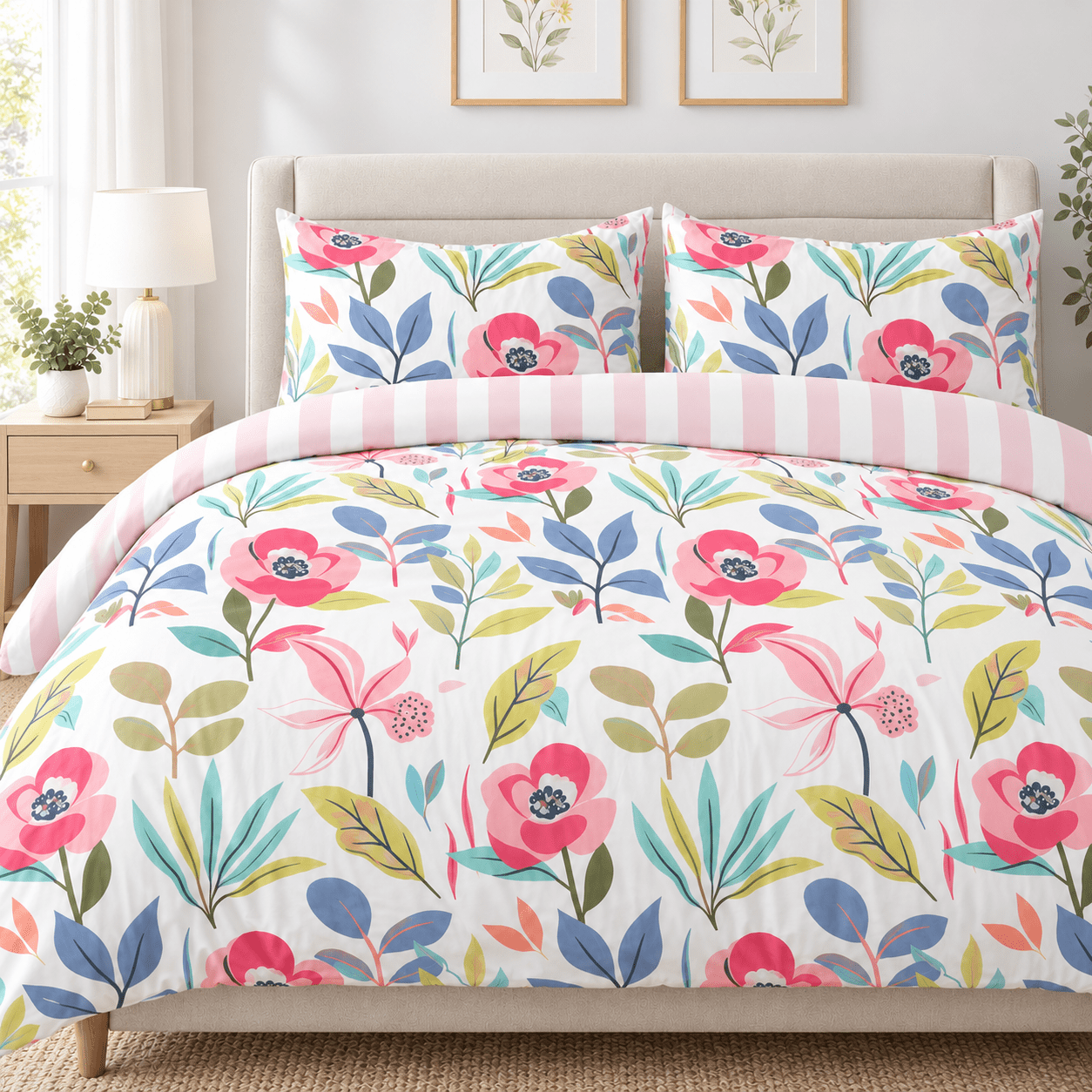 TEMU 3-piece Scandinavian Floral Pattern Reversible Duvet Cover Set | Poly-cotton Quilt Cover Set | Includes 2 Pillowcases | Soft Poly-cotton Blend