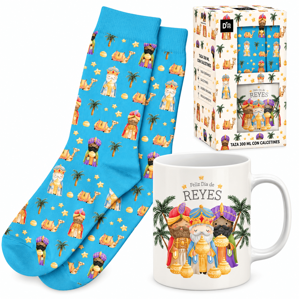 TEMU Set de Regalo de Reyes Magos, Taza de Cerámica de 300 ml con Calcetines Talla 38-42, Diseño Navideño de Reyes Magos, Pack de Regalo Original,