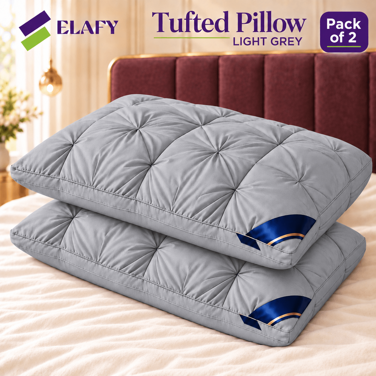 TEMU Elafy Tufted Bed Pillows With Piped Edges, Rectangular Design, Pack Of 1, 2 Or 4, Of 6 Colours