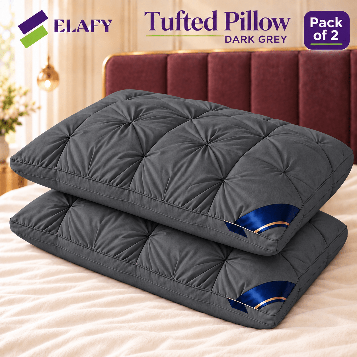 TEMU Elafy Tufted Bed Pillows With Piped Edges, Rectangular Design, Pack Of 1, 2 Or 4, Of 6 Colours