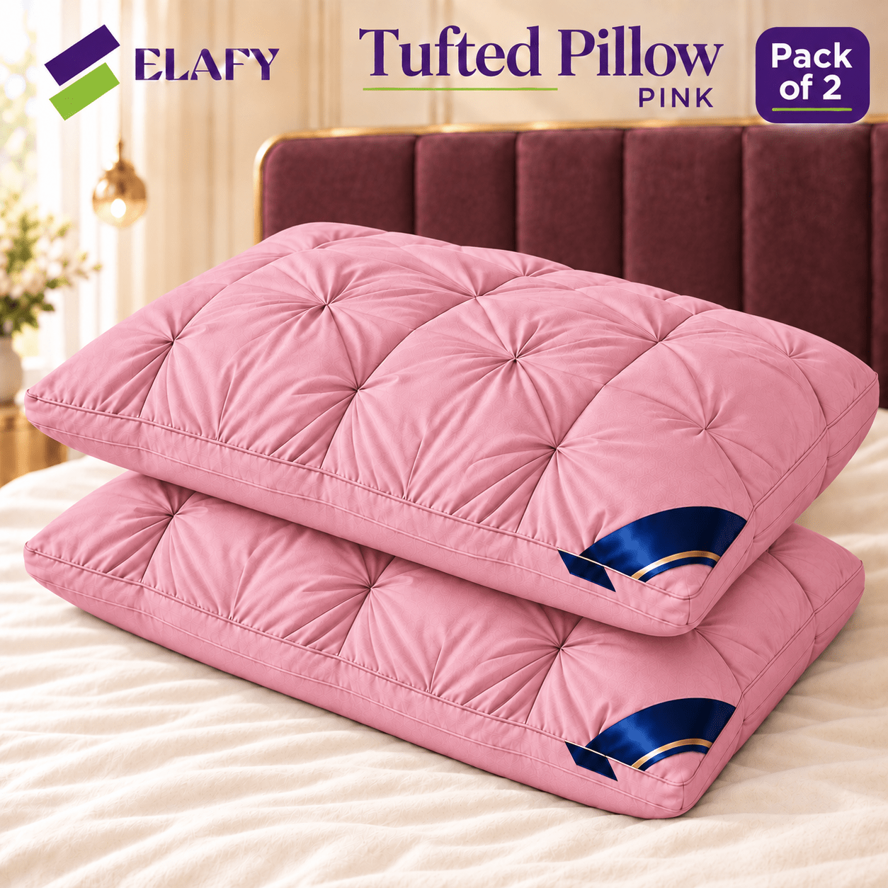 TEMU Elafy Tufted Bed Pillows With Piped Edges, Rectangular Design, Pack Of 1, 2 Or 4, Of 6 Colours