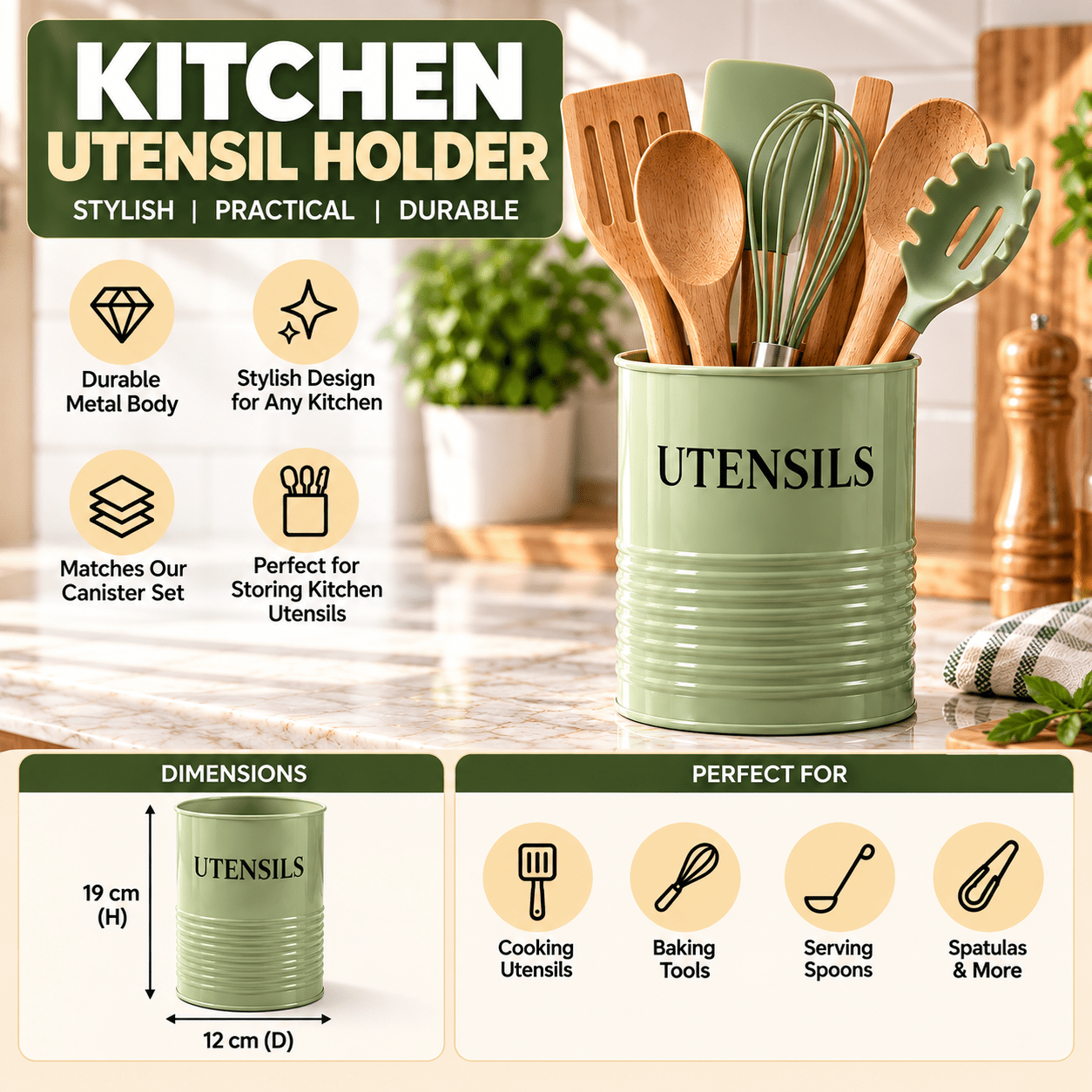 TEMU Stl Metal Kitchen Utensil Holder – Large 19cm ( In 3 Different Colours ) Cooking Utensil Storage Pot For Worktop – Countertop Organiser For