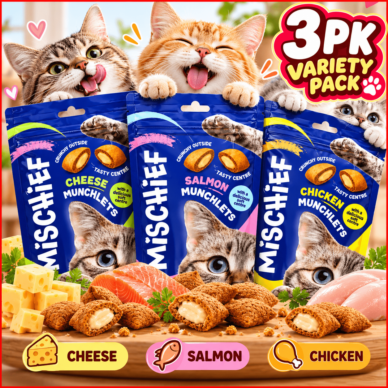 TEMU 3 Pack Munchlets Cat Treats, 125g Each, 375g Total | Cheese, Salmon & Chicken Pack | Crunchy Cat Snacks With Soft Centres | Everyday Reward