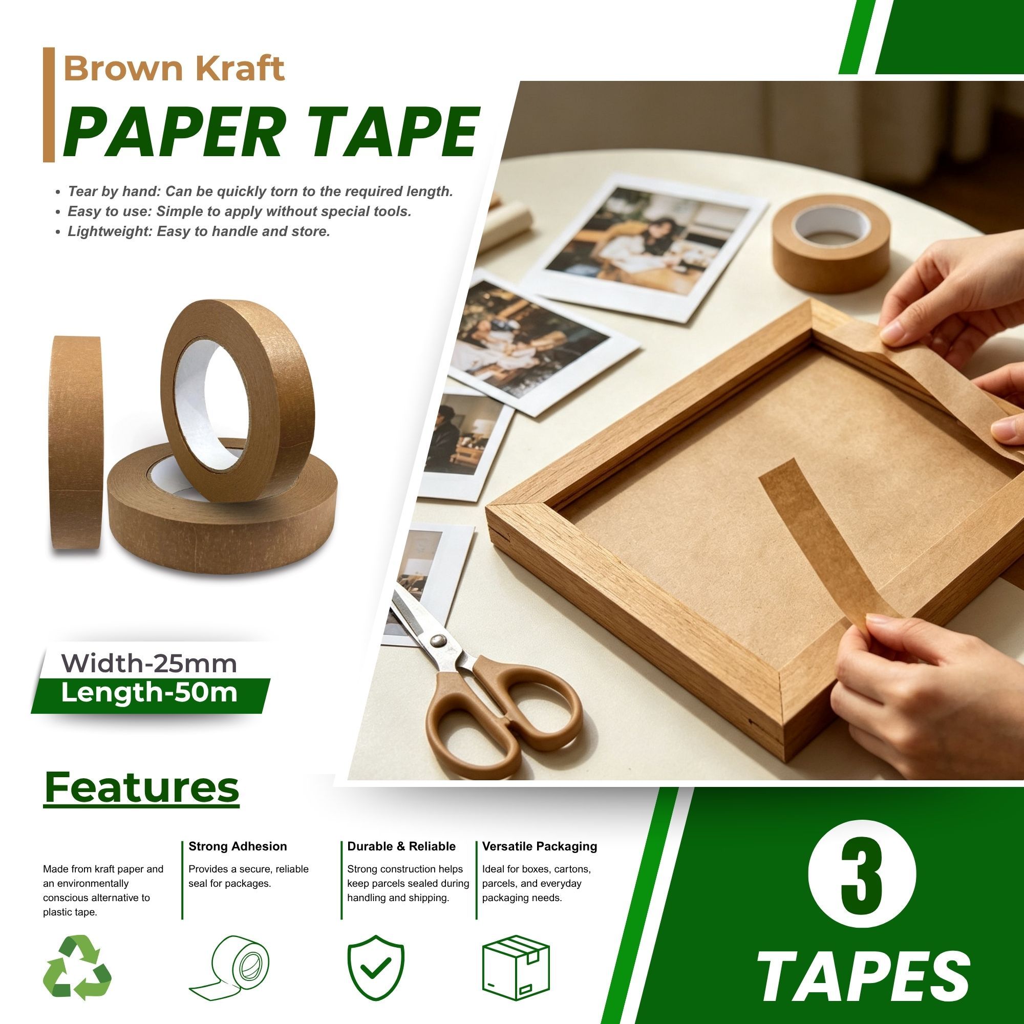 TEMU 3 Rolls 25mm X 50m Brown Paper Packing Tape Self-adhesive Paper Tape For Packing Use Strong Durable Recyclable Ideal For Sealing Boxes And