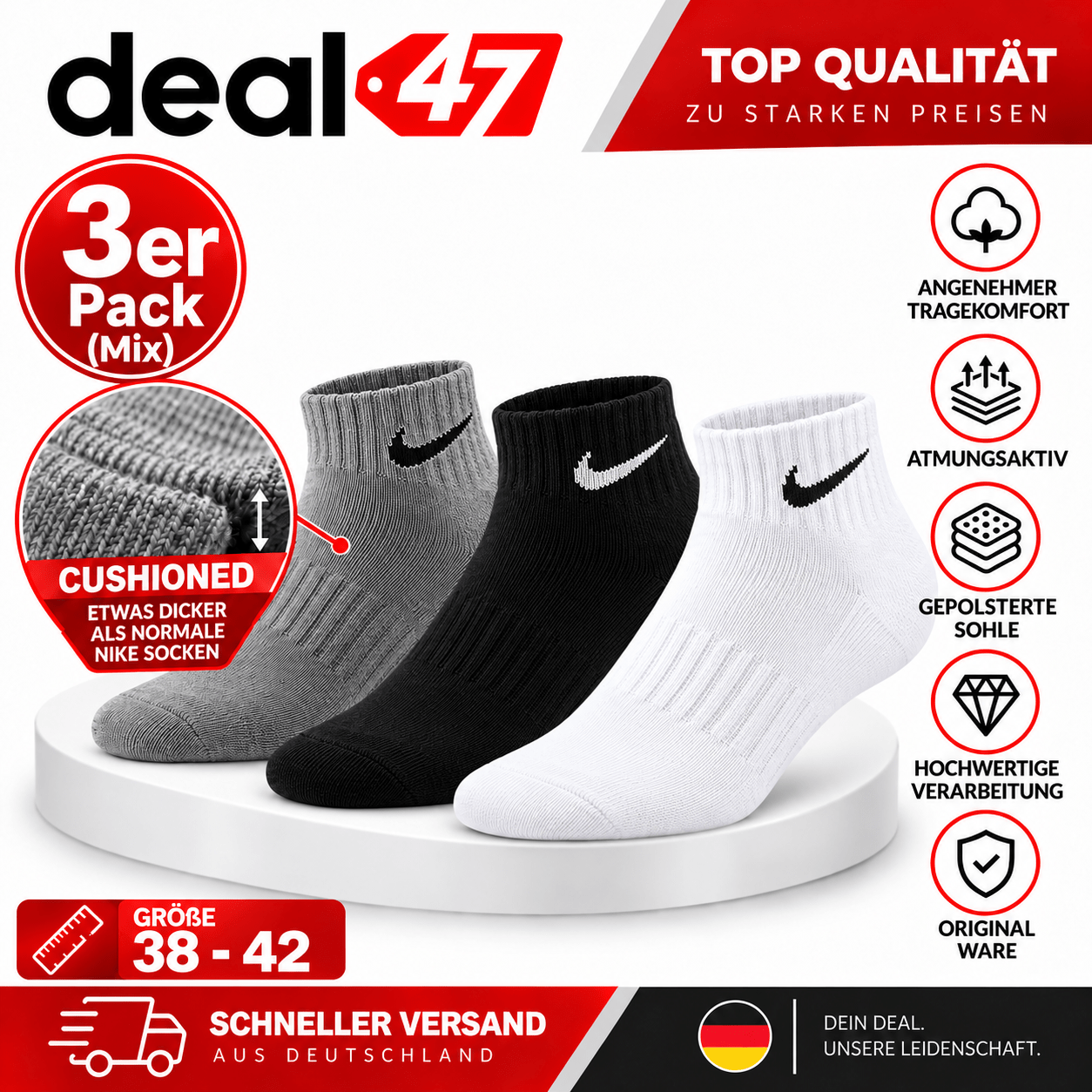 Image of Ankle High Unisex Cushioned Socks 3-pack – Padded Sports Socks – /grey – Size 38-42