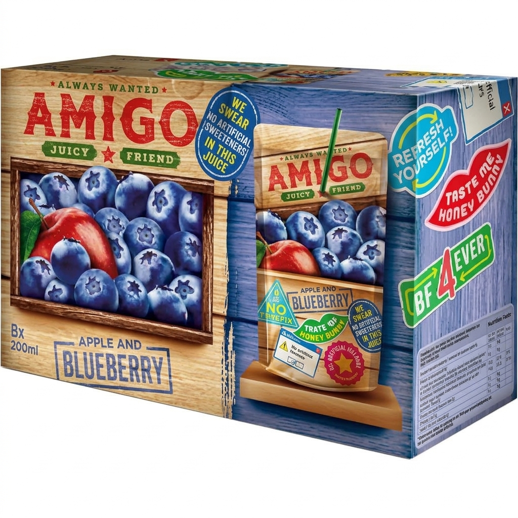 Image of Amigo Softdrink "juicy Friend" & Blueberry – 8 X 200 Ml | -blueberry Drink | With Vitamins | Drink Pouches For School & On The Go