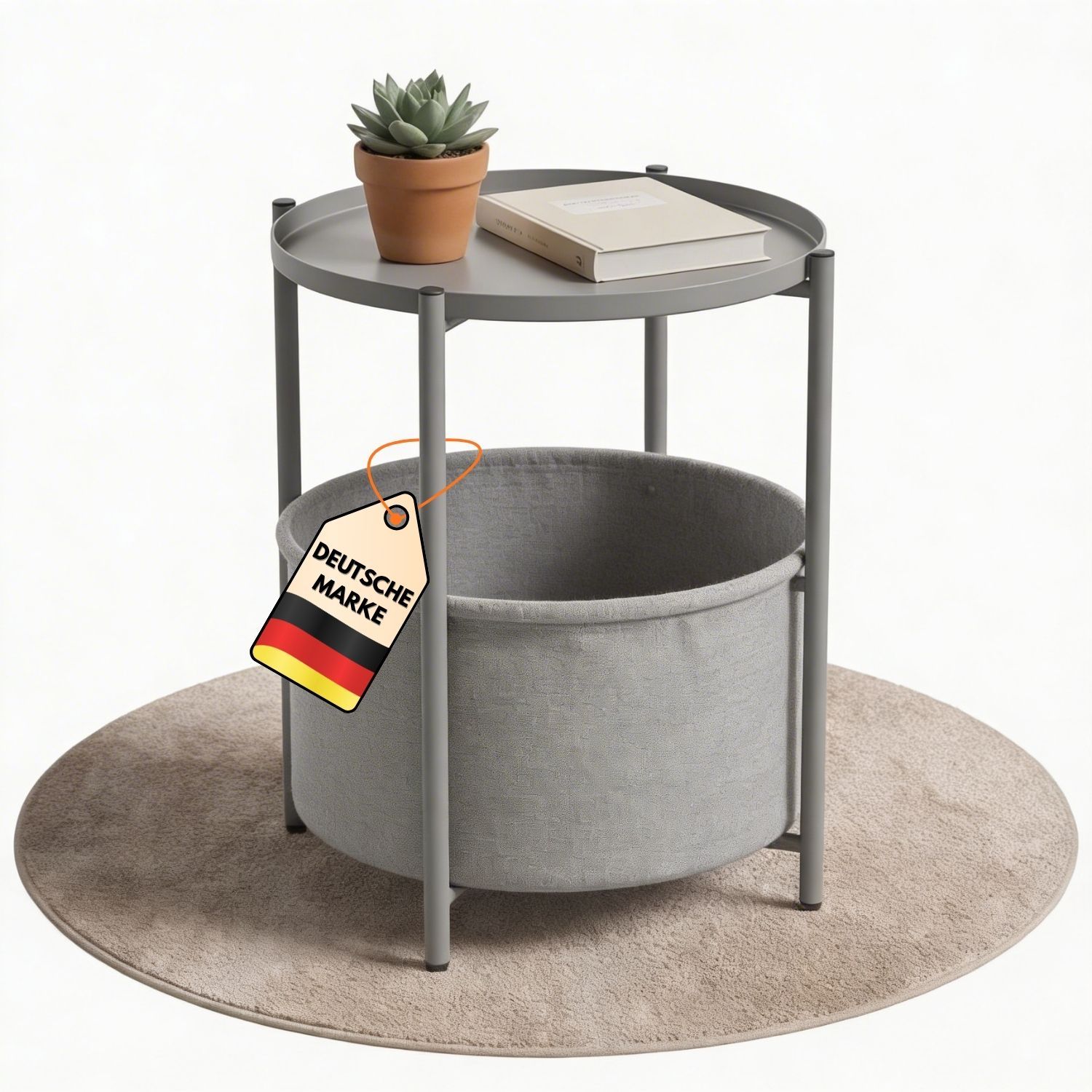 Image of Nina Round Side Table | Sofa Table | Small Table | Compact Coffee Table | Living Room Table With Fabric Basket | Color White, Black, Or Gray | Storage Space For Living Room Or Bedroom