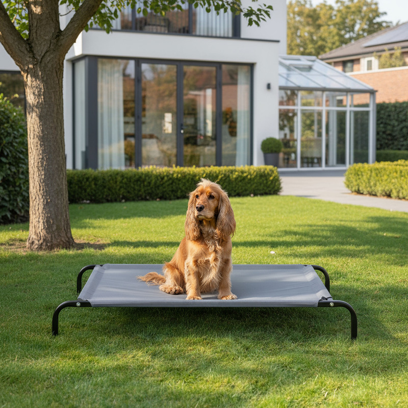 TEMU Erhöhte Outdoor-Hundeliege mit robustem Metallrahmen, atmungsaktivem Netzgewebe, abnehmbarem Bezug, schützt vor Bodenkälte, ideal für Garten,