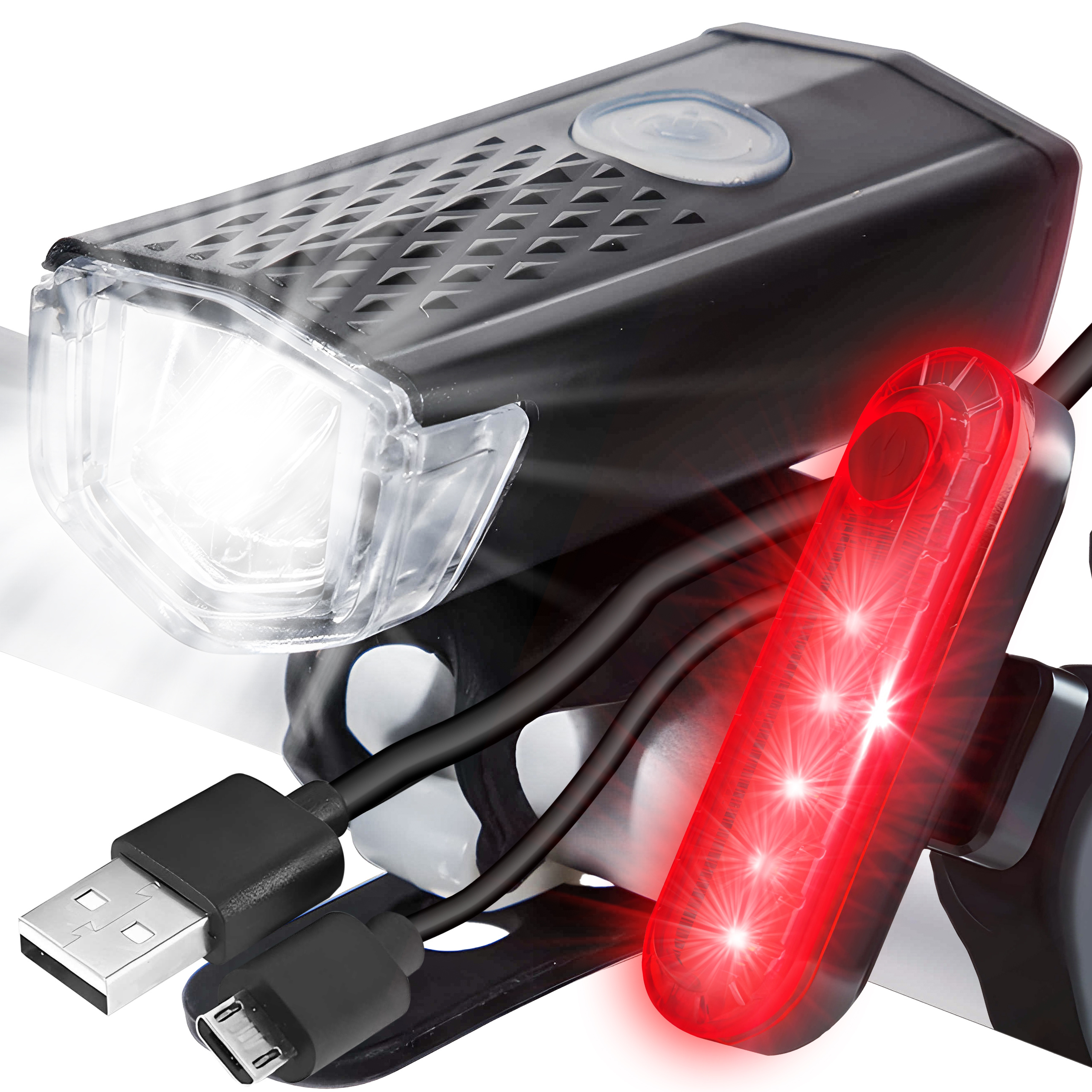 TEMU JUEGO DE LUCES LED PARA BICICLETA, LUZ DELANTERA Y TRASERA PARA BICI, LÁMPARAS RECARGABLES USB, 3 DE ILUMINACIÓN, POTENCIA 3 W, 5000 K, BATERÍA