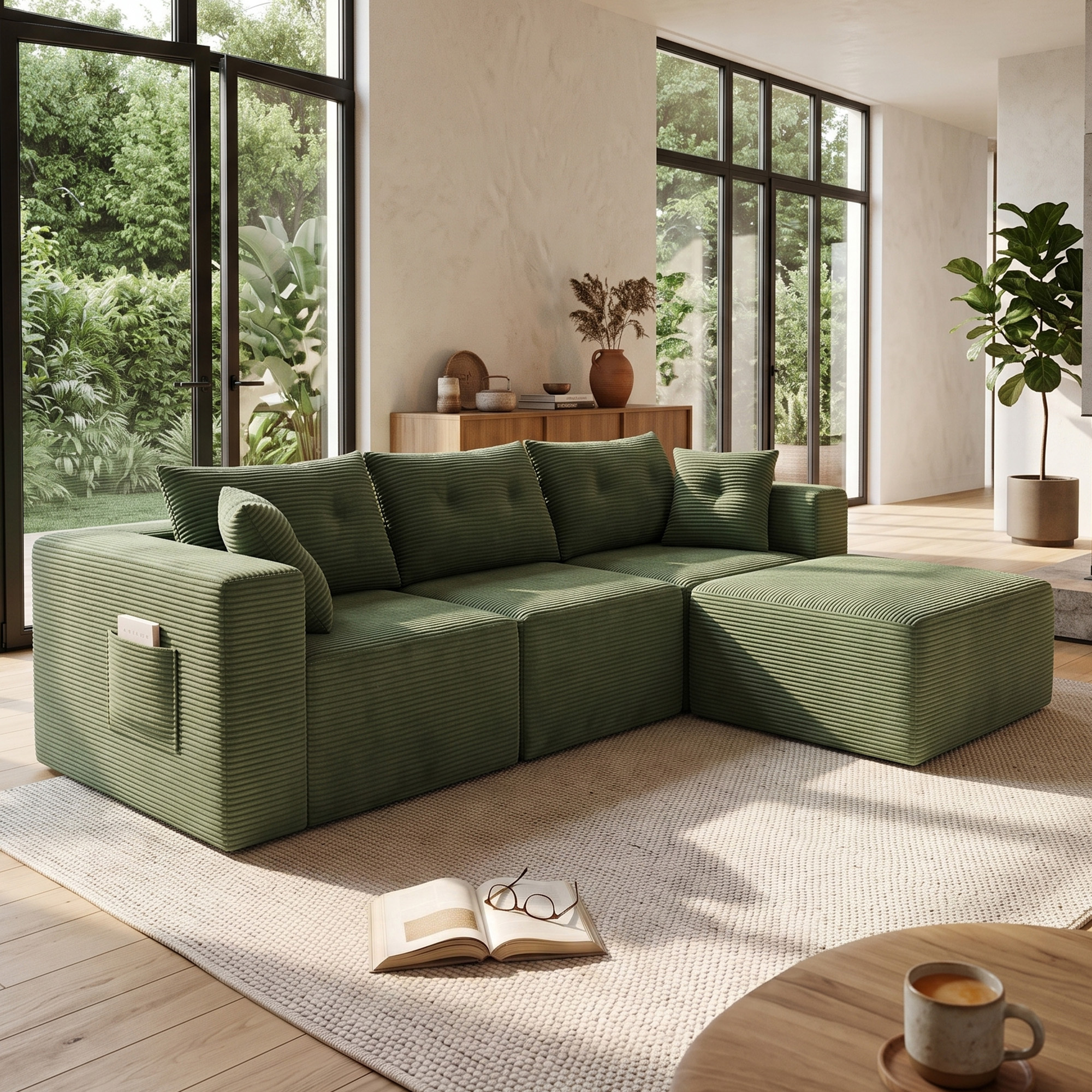 Image of Modular Corner Sofa 254 Cm With Sleep Function, L-shaped Sleeper Corduroy With Core, 184 × 162 Cm Sleeping Surface, Ottoman, Side Pocket, Up To 500 Kg, Living Landscape For Living Room & Apartment