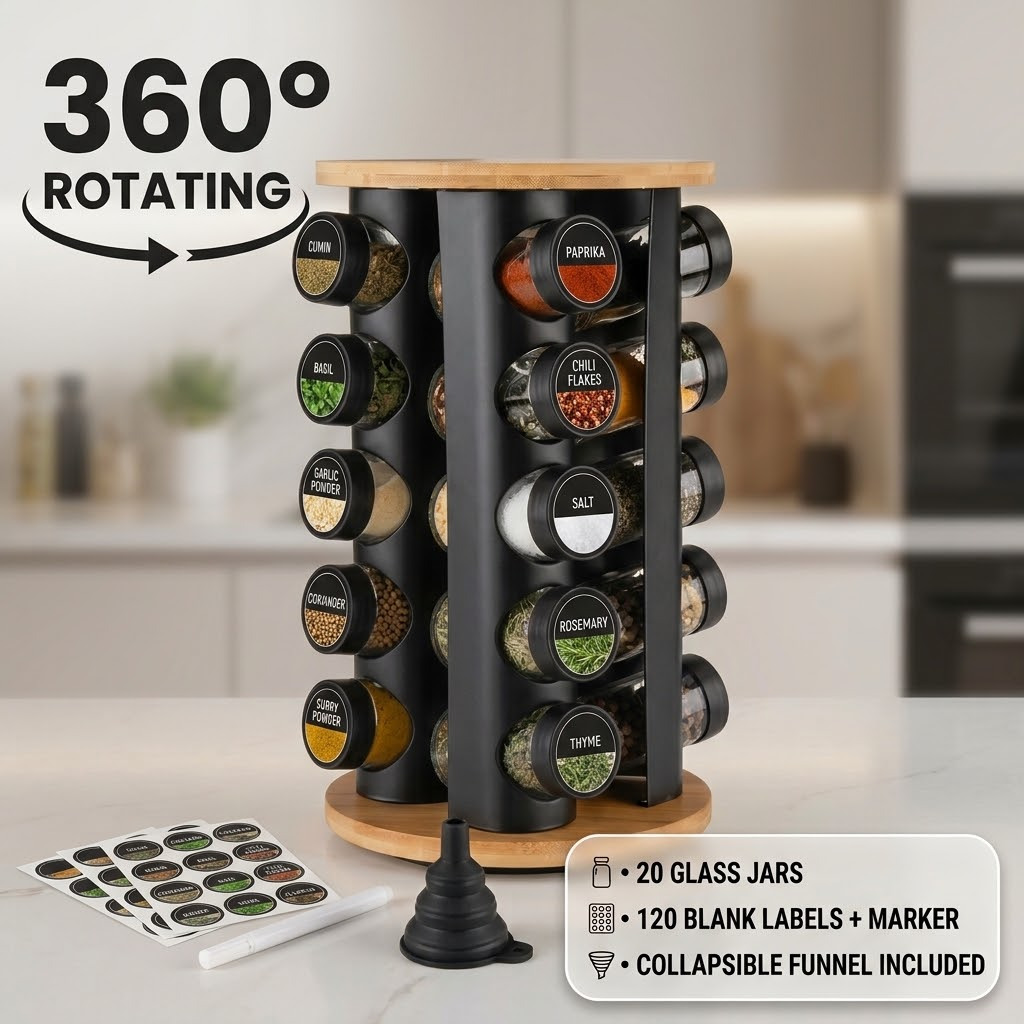 TEMU 360° Rotating Spice Rack With 20 Jars, Black Metal And Bamboo Wood, Carousel Spice Rack For Kitchen Countertop With Set Of 120 Stickers, Funnel