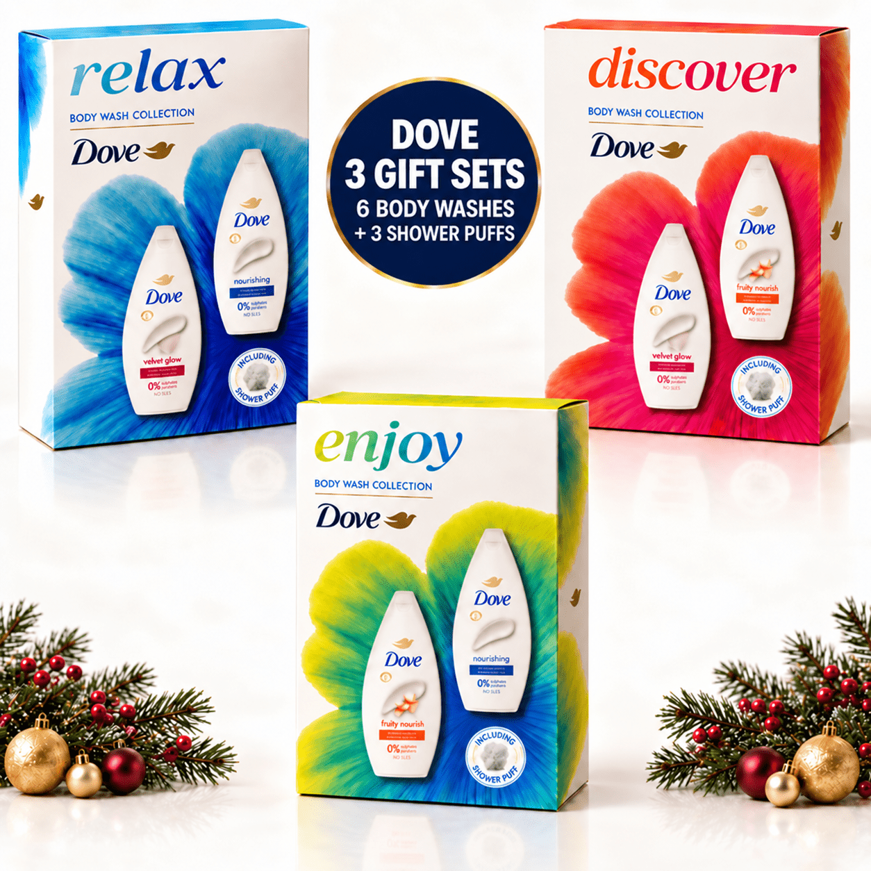 TEMU Relax Trio, Trio & Enjoy Trio Body Wash Gift Set Bundle, 3 Collections, 9 Pieces Including 6 X 225ml Moisturising Body & 3 Shower , , Nourishing