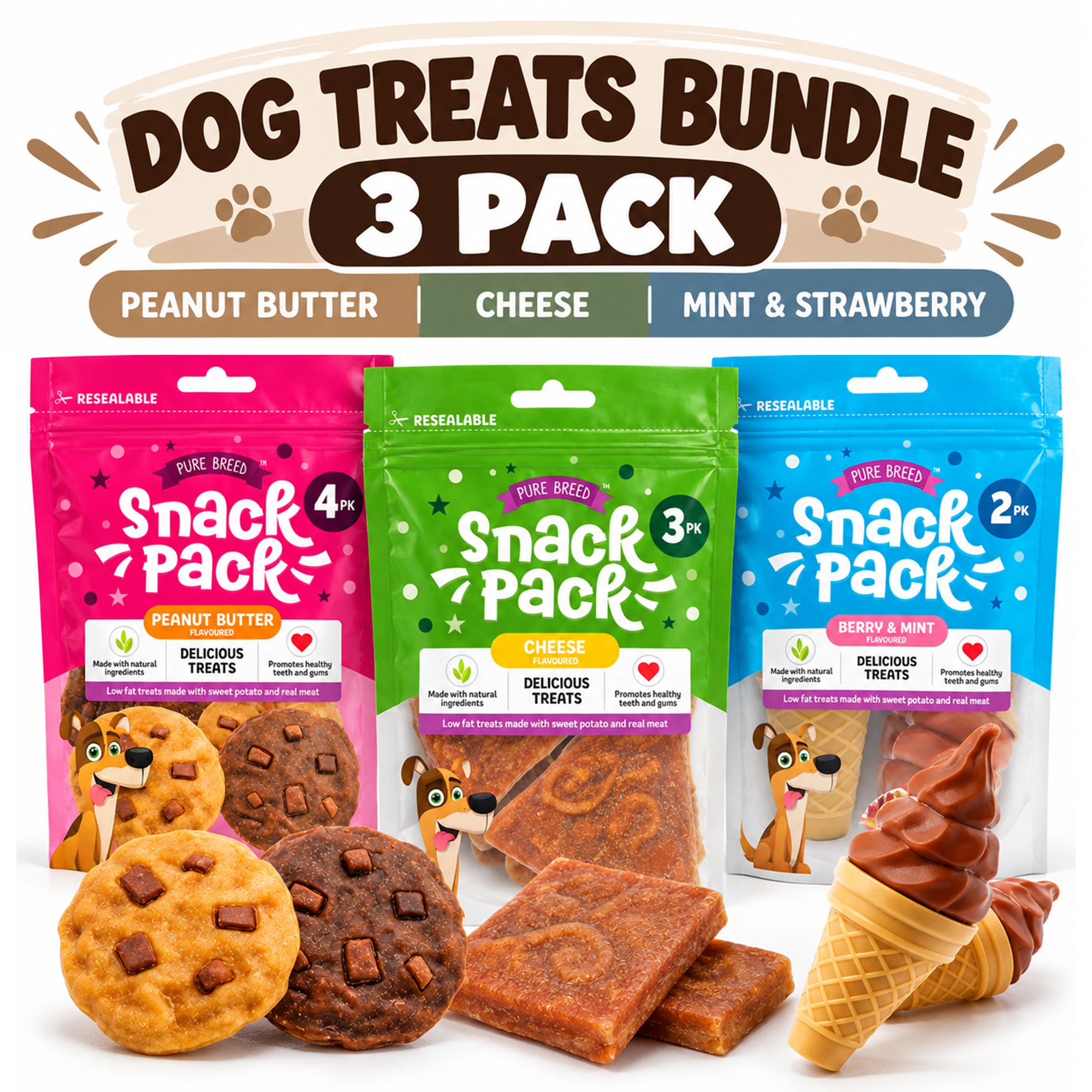 TEMU 3 Pack Dog Treats Bundle | Dog Training Treats & Reward Snacks | Peanut Butter, Cheese, Mint & Strawberry Varieties | Assorted Dog Treats For