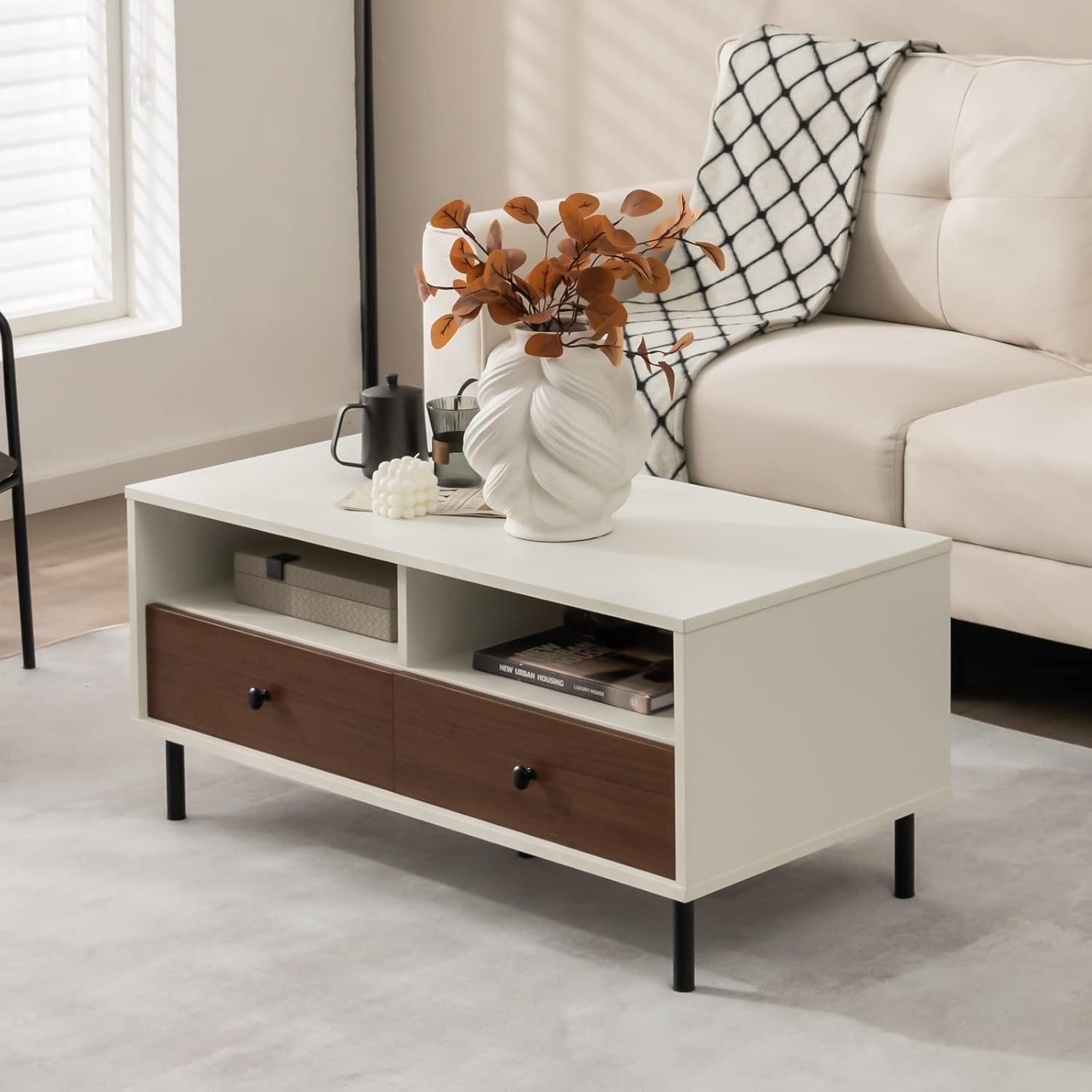 Image of Coffee Table, Living Room Table With 2 Drawers & Shelves, Coffee Table With Metal Legs, Rectangular Sofa Table For Living Room, 95 X 48 X
