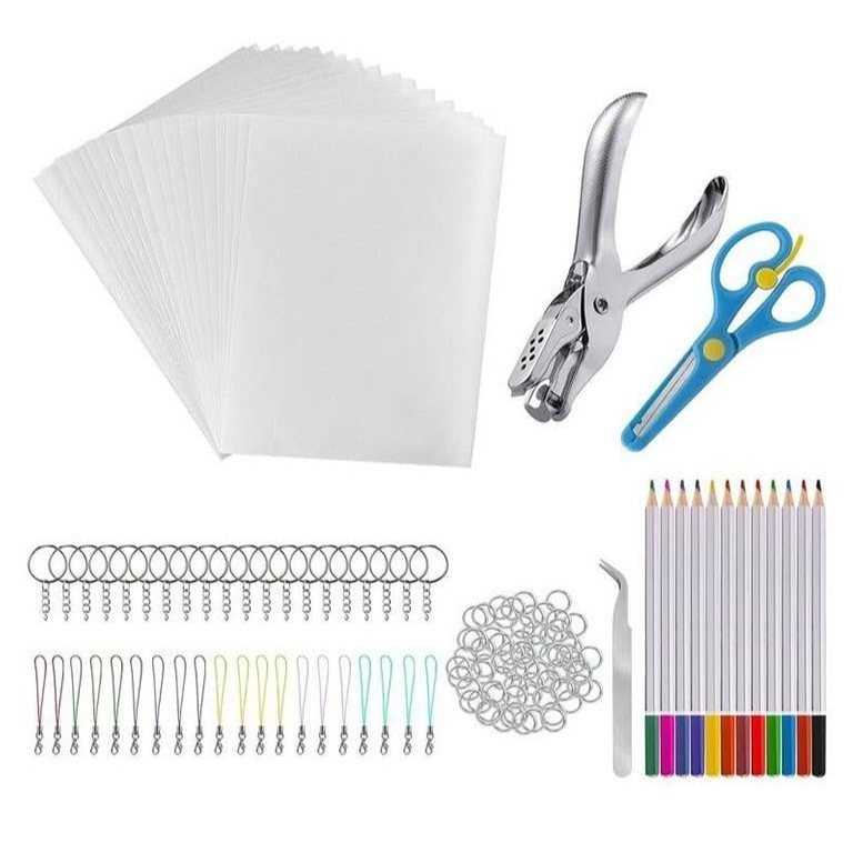 Image of Shrink Plastic Sheets Craft Kit, Diy Keychain Making Set With Shrink Film Paper, Hole Punch, Scissors, Pencils And Key Chain Accessories For Handmade Jewelry Ornaments
