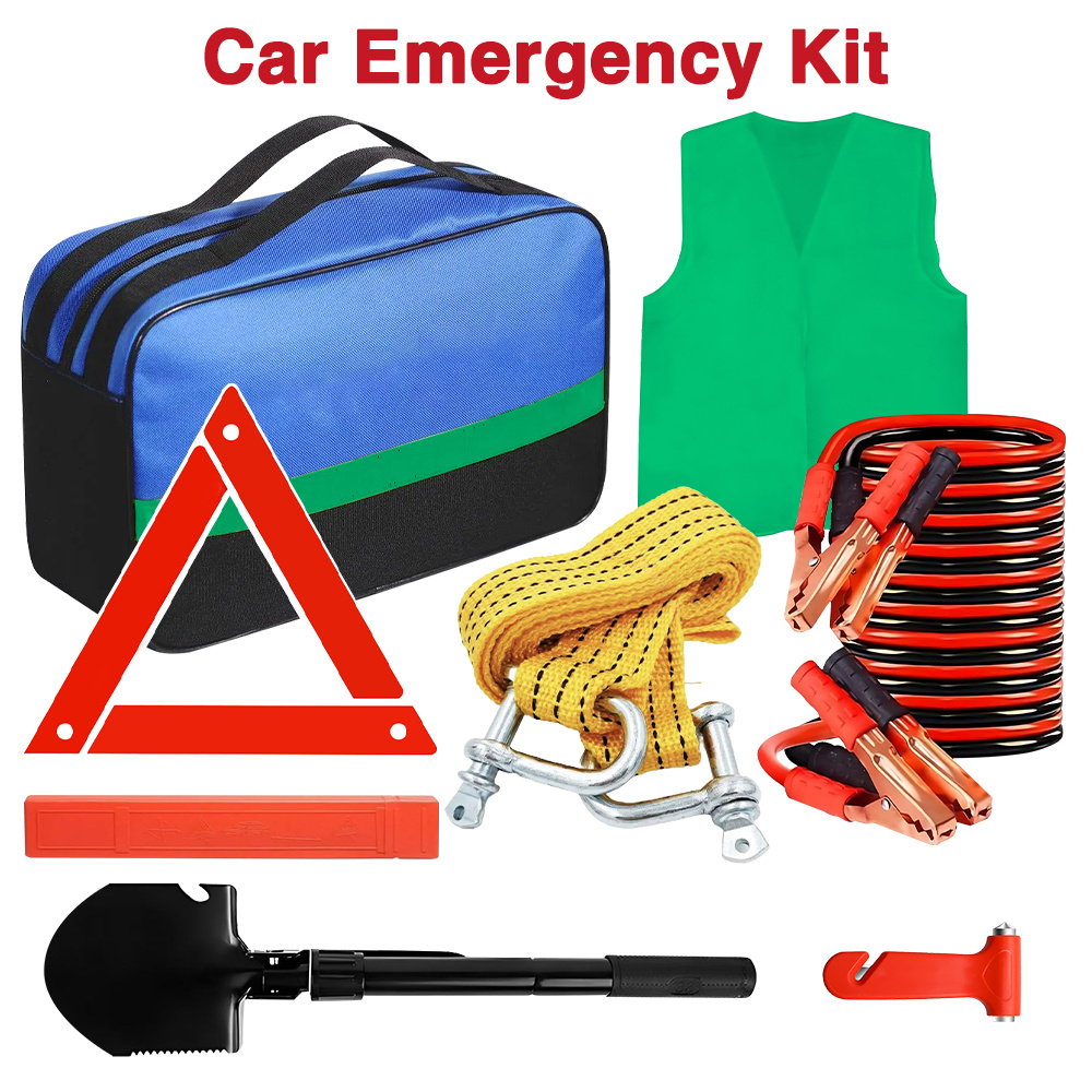 TEMU 9pcs Car Emergency Breakdown Kit – -one Breakdown Survival Set With Tow Rope, Safety Hammer, | Complete Car Emergency For Drivers, Road Trips &