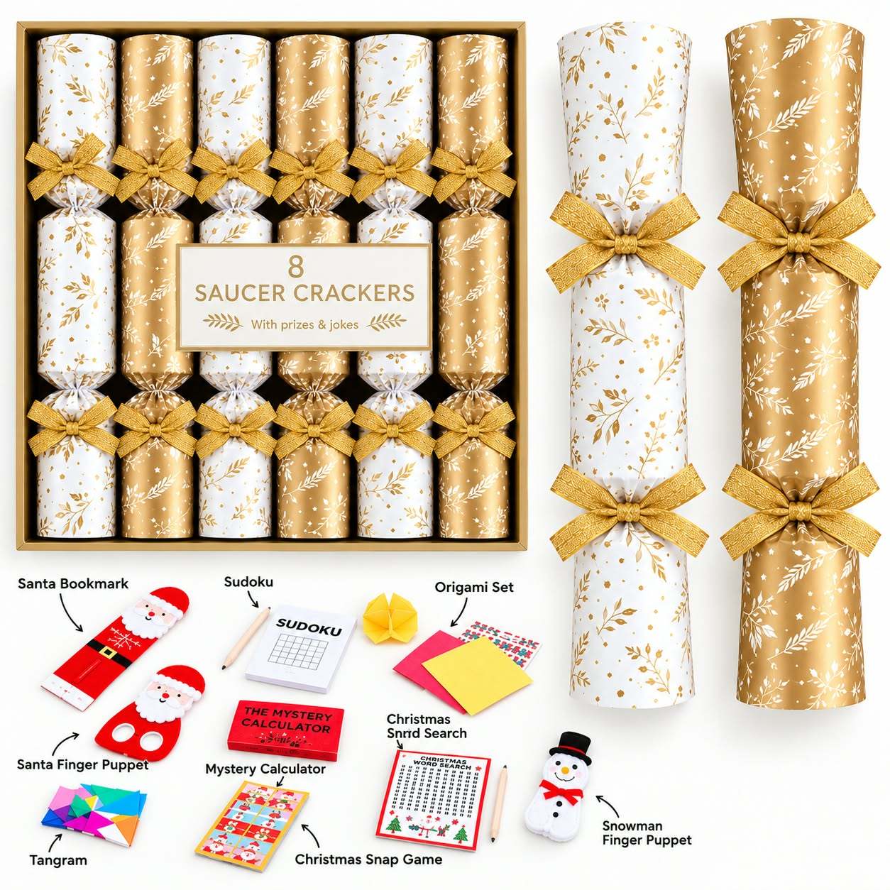 TEMU 8 Gold Saucer Christmas Crackers – Festive Table Decorations For Christmas Dinner, Party Celebrations & Holiday Table Setting, Length 4.5