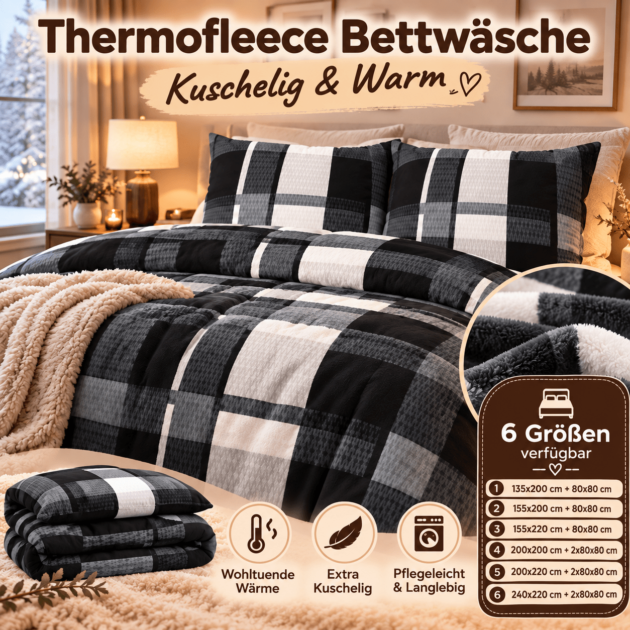 TEMU Bettwäsche Fleece Winter Ornamente Kariert Schwarz Grau Weiß in vielen Größen kuschelig weich Reißverschluss warm Bezug Kissen 80x80 cm