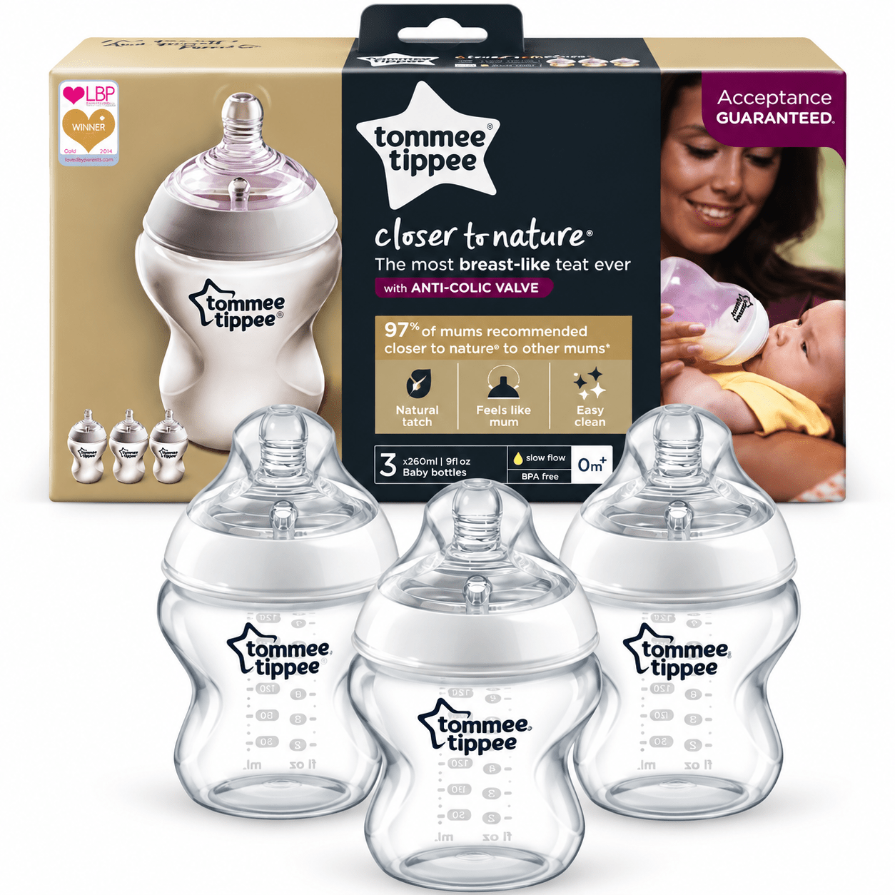 TEMU Closer To Nature Feeding Bottles 3 Pack 260ml Slow Flow Silicone Teats