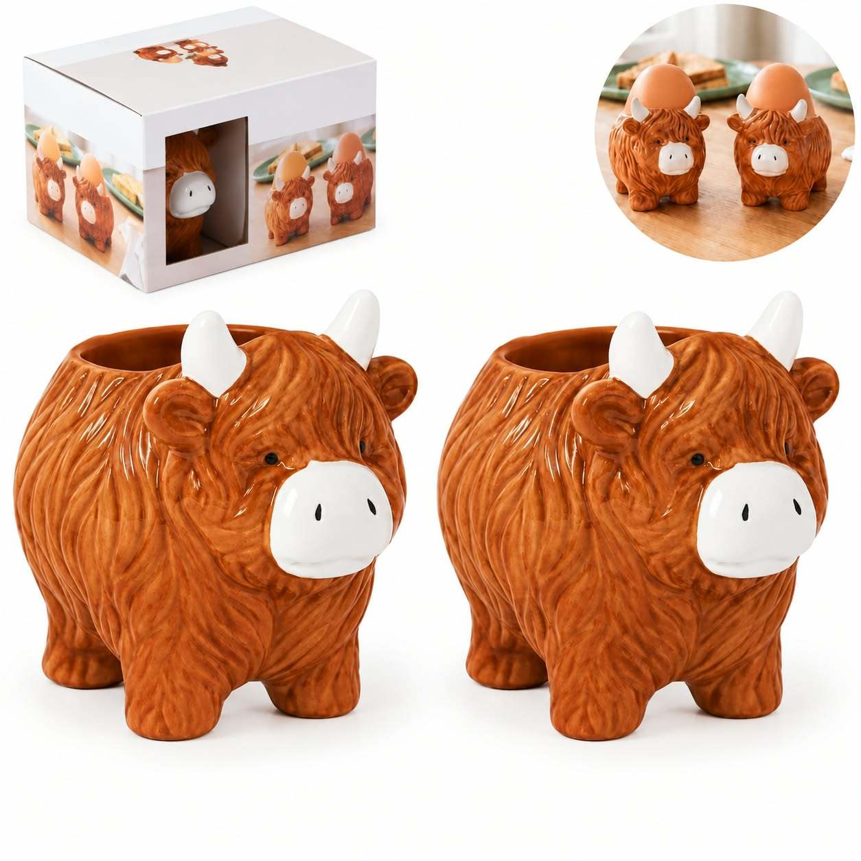 TEMU Pack Of 2 Highland Cow Egg Cup Set, Ceramic Egg Holders, Farmhouse Breakfast Egg Cups, Cute Kitchen Dining Table Accessories