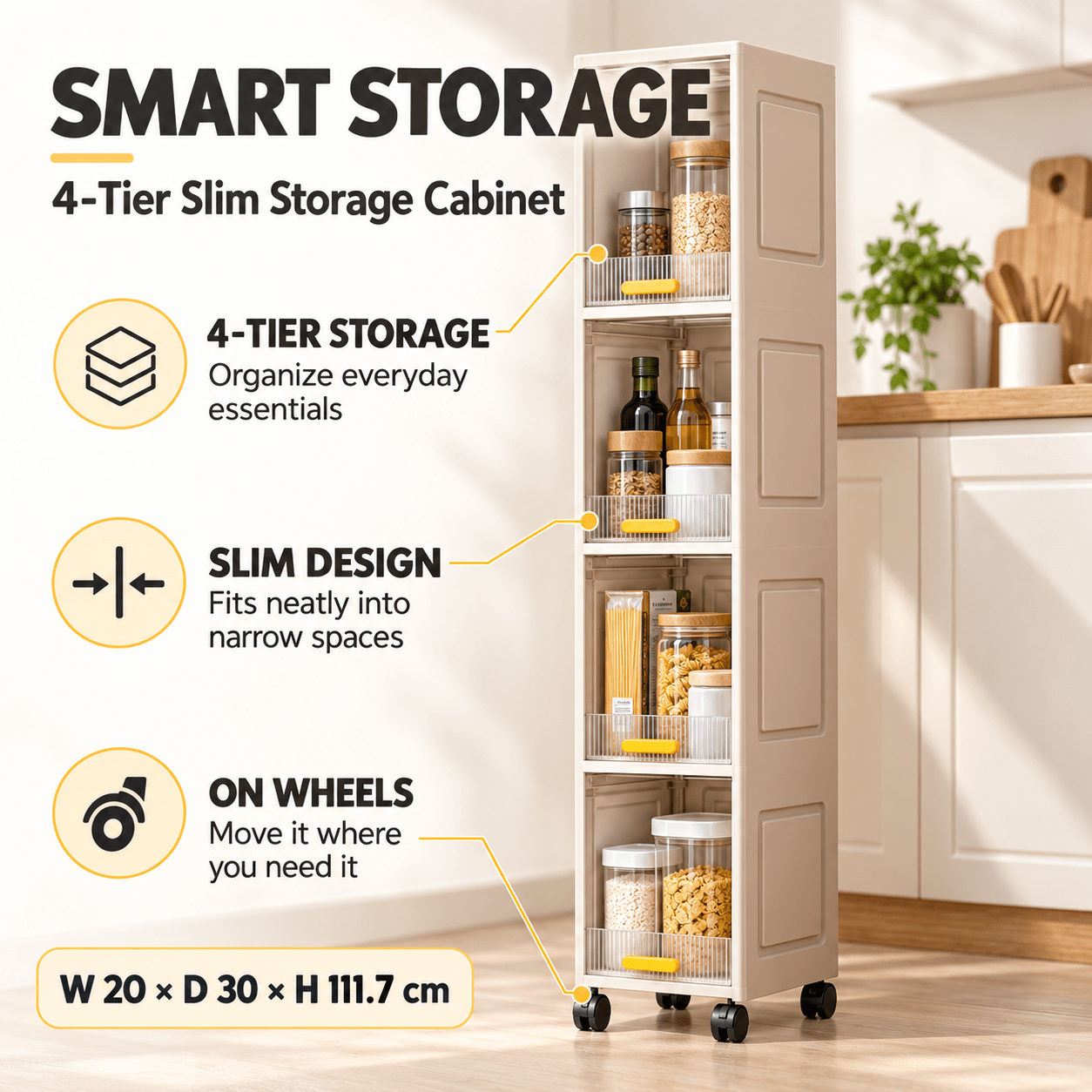 TEMU Meuble de rangement étroit à 4 niveaux sur roulettes, colonne de place pour cuisine et salle de bain, 20 × 30 × 117 cm, beige