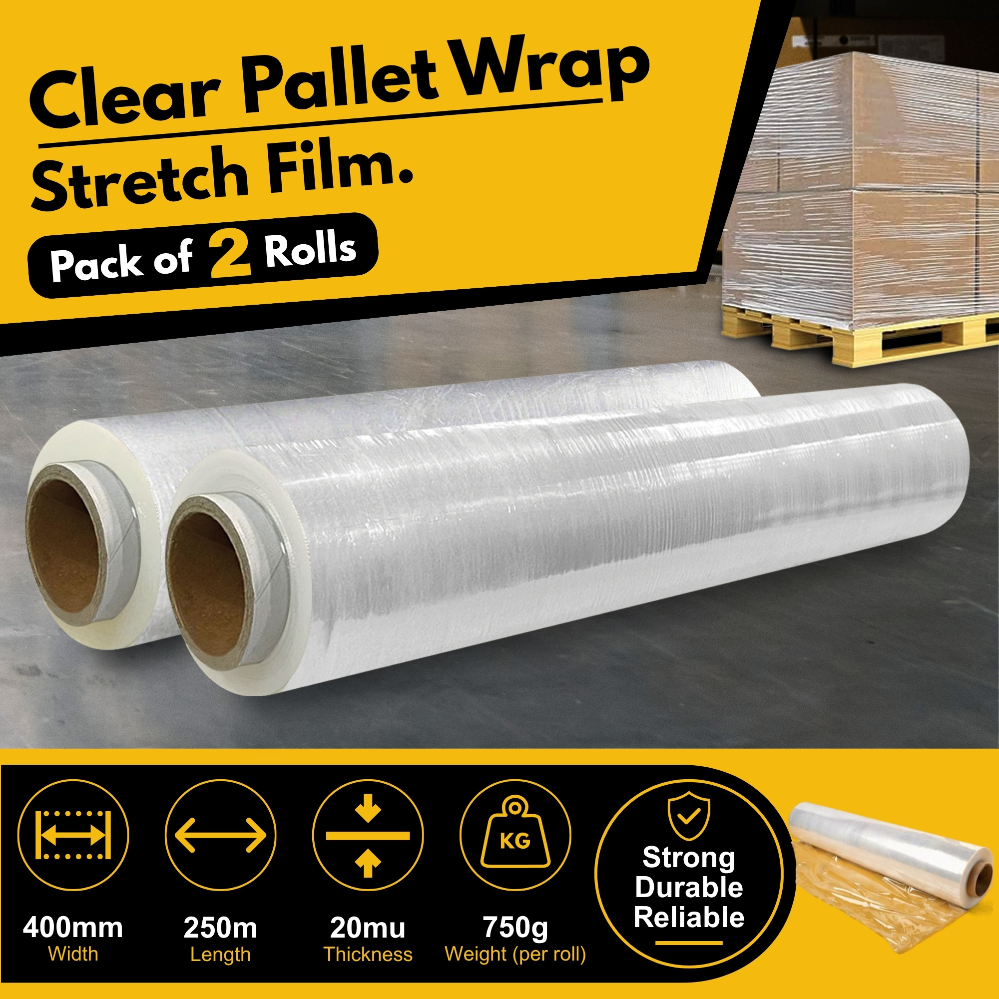 TEMU 2 Rolls Multi Use Clear Pallet Wrap 400mm X 250m 20mu | Tear Resistant Clear Stretch Film | Water & Moisture Proof Pallet Stretch Clear Shrink