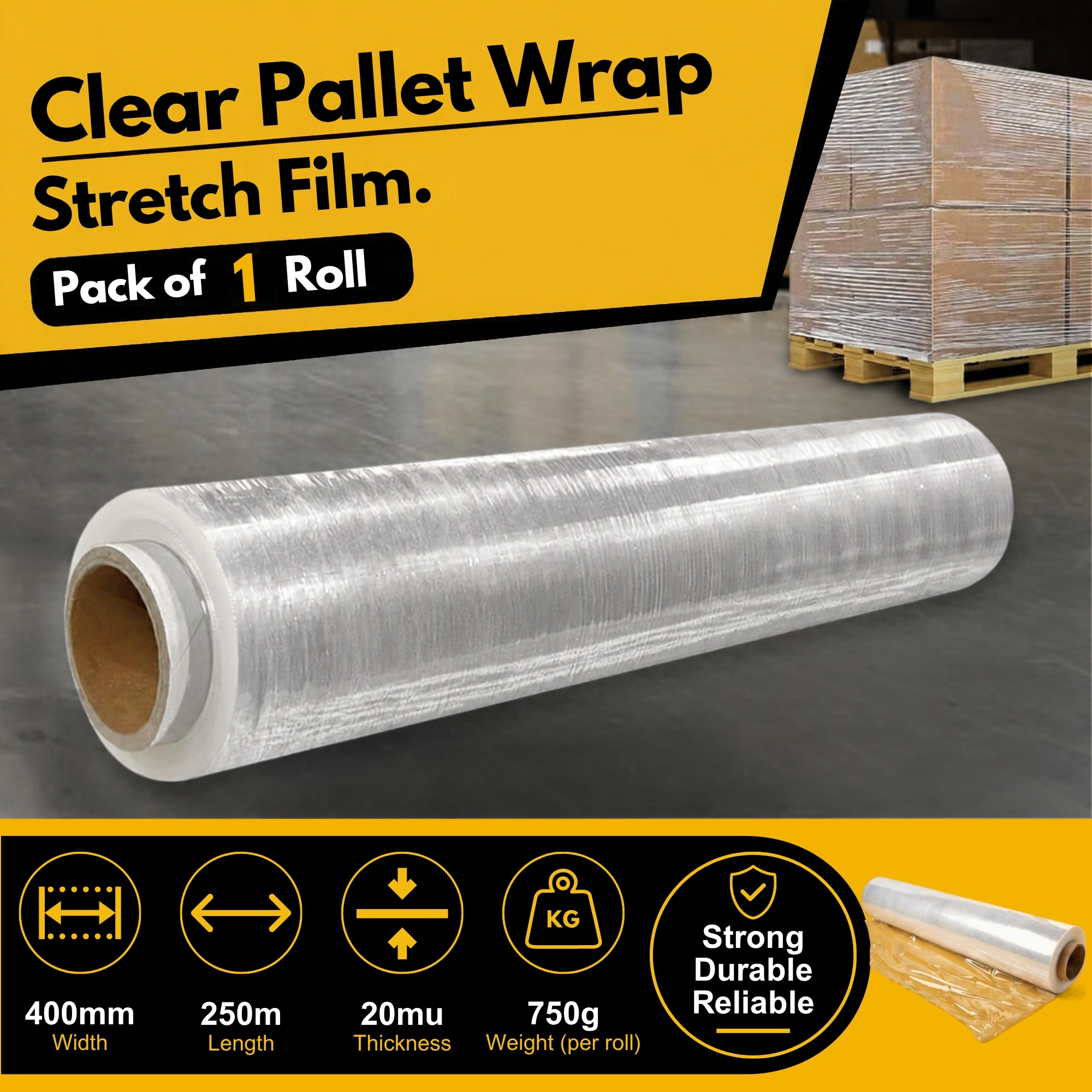 TEMU 1 Roll Multi Use Clear Pallet Wrap 400mm X 250m 20mu | Tear Resistant Stretch Film | Water & Moisture Proof Pallet Stretch Shrink Wrap |