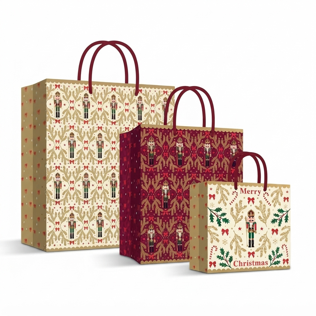 TEMU Burgundy Nutcracker Christmas Gift Bags Pack Of 3 – Large, Medium & Small Sizes, 210gsm Paper Bags With Cotton Ribbon Handles