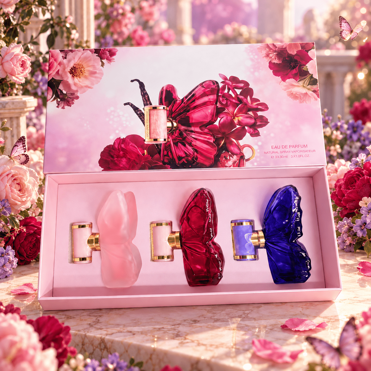Image of Set Of 3 Eau De Parfum – 3 × 30 Ml – Bottles In Pink, Red, And Purple – Gift Idea