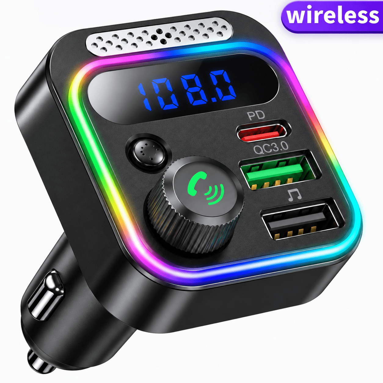 TEMU Transmisor FM Bluetooth para Coche 66W, Cargador Rápido PD + QC3.0, Reproductor MP3 USB, Adaptador Bluetooth con Pantalla LED y Luz RGB, Audio