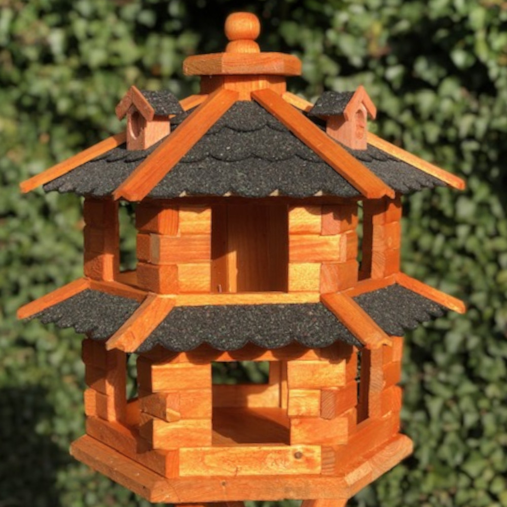 Image of Bird Hexagonal Double-decker Wooden (lxwxh: 50x50x45 Cm) Birdhouse Feeding Station, Brown/black, Weatherproof Garden Bird Feeder