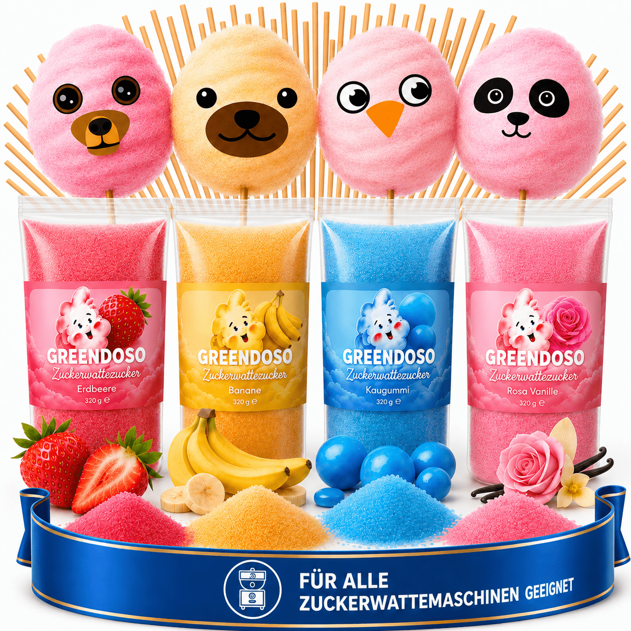 Image of Cotton Candy Sugar For Machine (4x320g) – Set With 4 Original Flavors (banana/strawberry/bubblegum/rose-vanilla) – 50 Sticks + Wafer Decorations