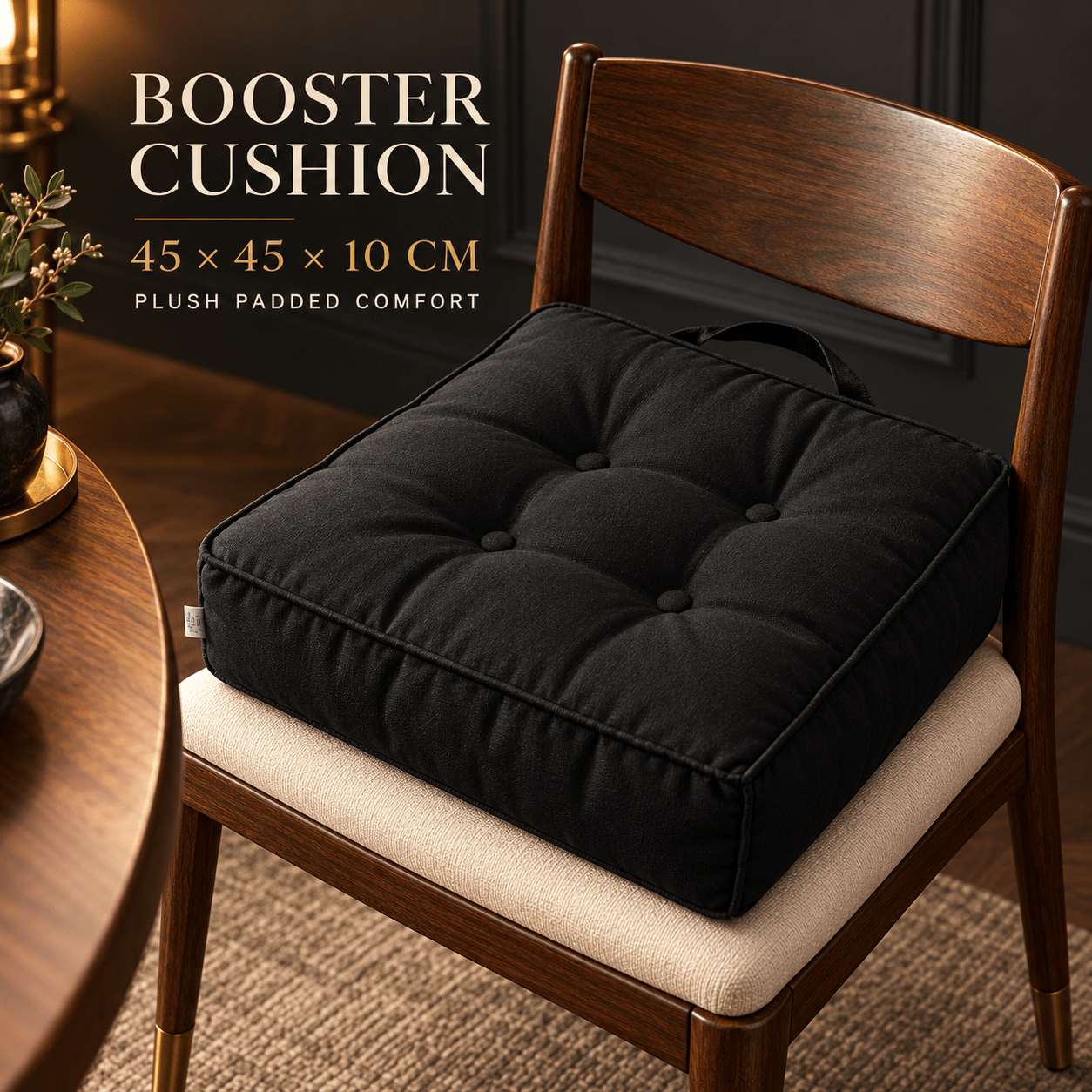 TEMU Booster Cushion Pad Black 10cm Thick – Firm Support Seat Cushion For Armchair, Dining Chair & Floor – Suede Portable Chair Booster For Elderly,