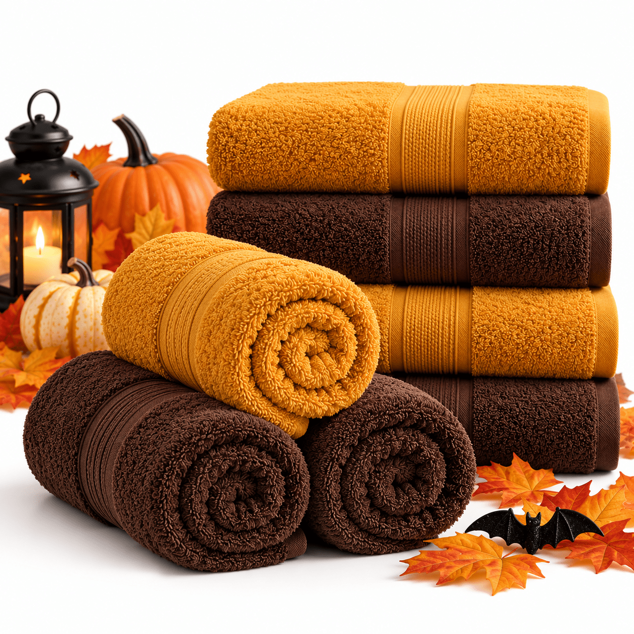 TEMU 4-piece Halloween Bath Towel Set, 100% Cotton, 70x140 Cm, 2 Yellow + 2 Brown, 470 G/m², Soft, Absorbent & Cozy, Autumn Bath Towel Set, -tex